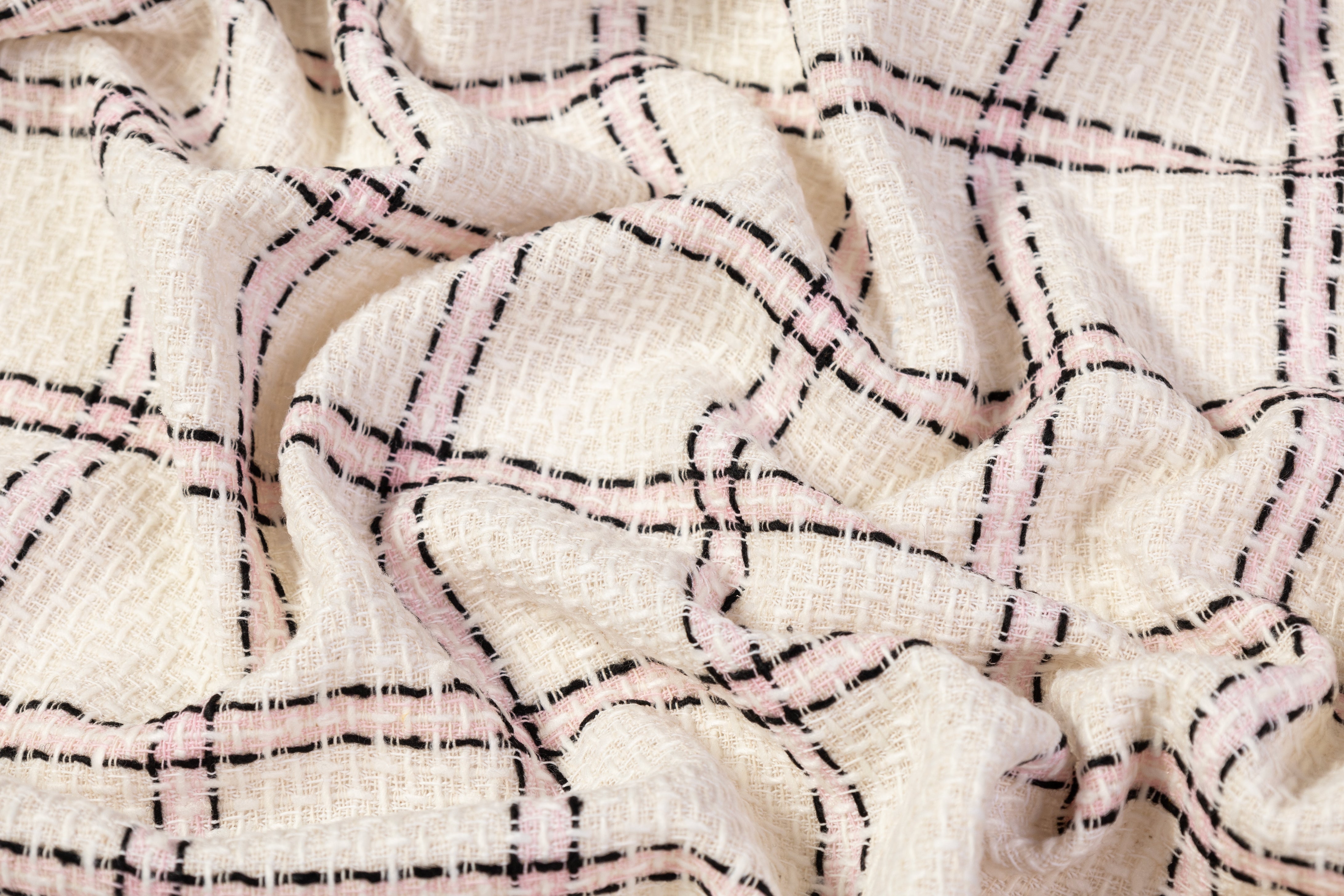 Checked Italian Cotton Tweed - Off White / Black / Pink