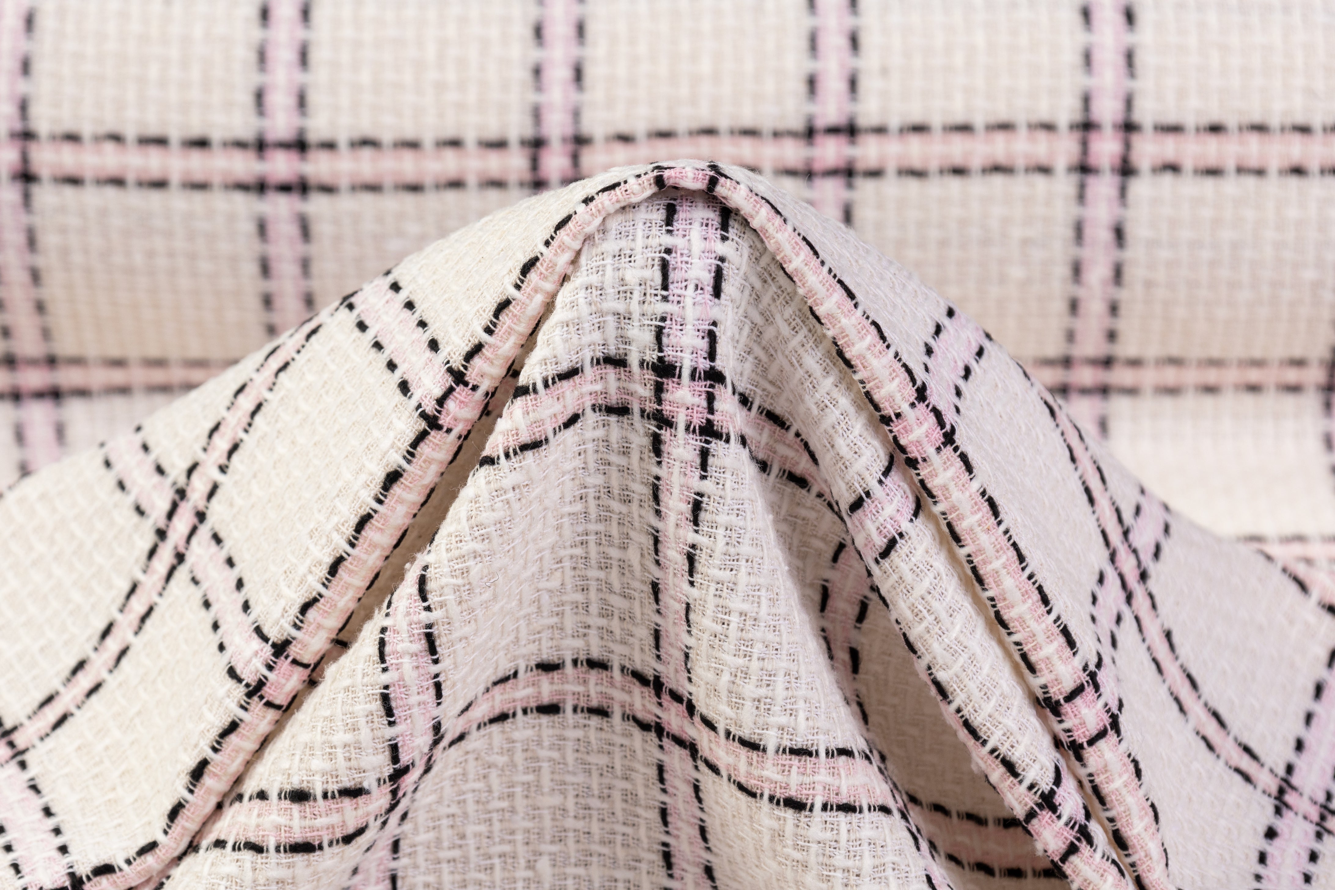Checked Italian Cotton Tweed - Off White / Black / Pink
