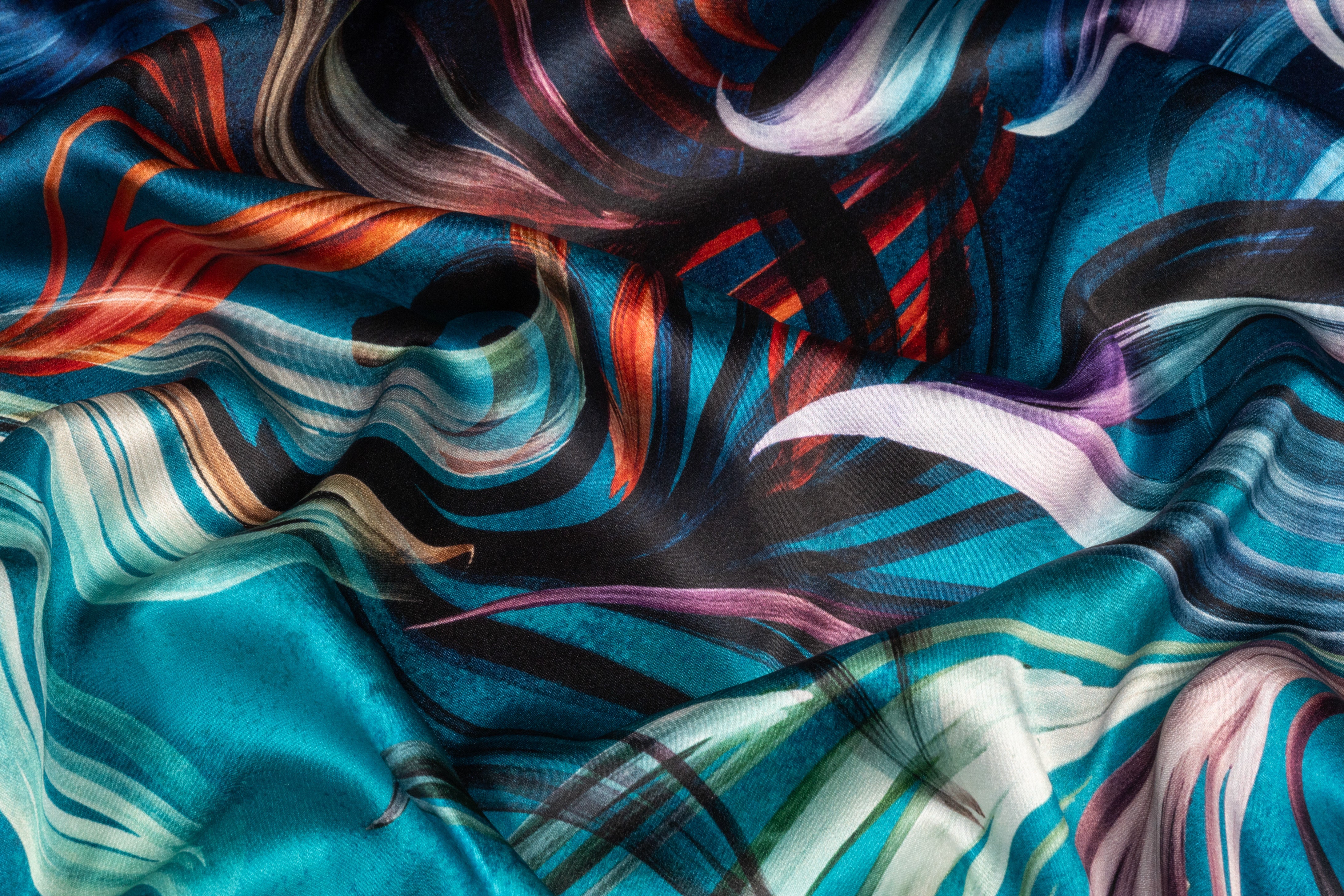 Deep Sea Floral Italian Silk Charmeuse - Blue