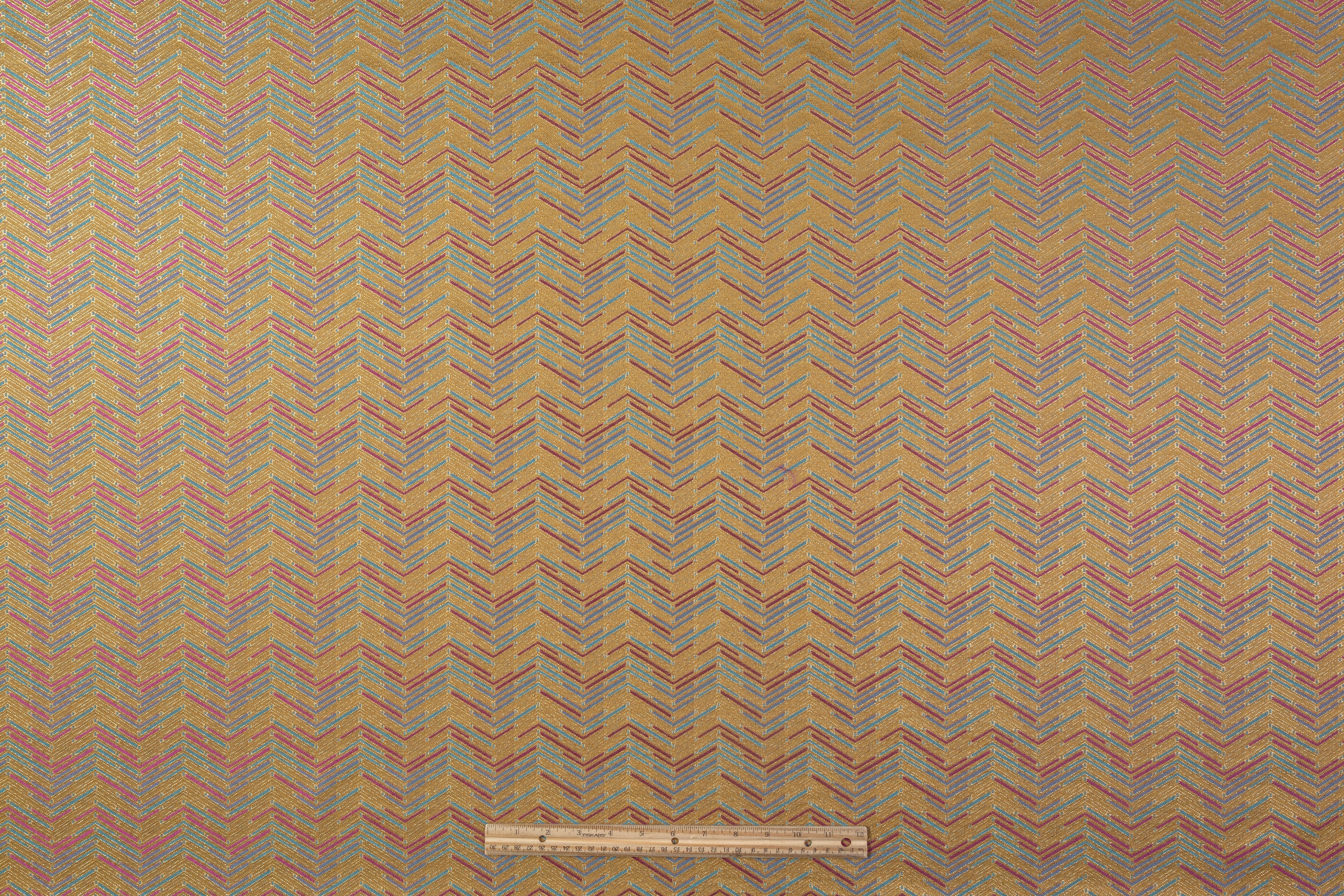 Chevron Metallic Poly Cotton Italian Brocade - Gold / Fuchsia / Blue