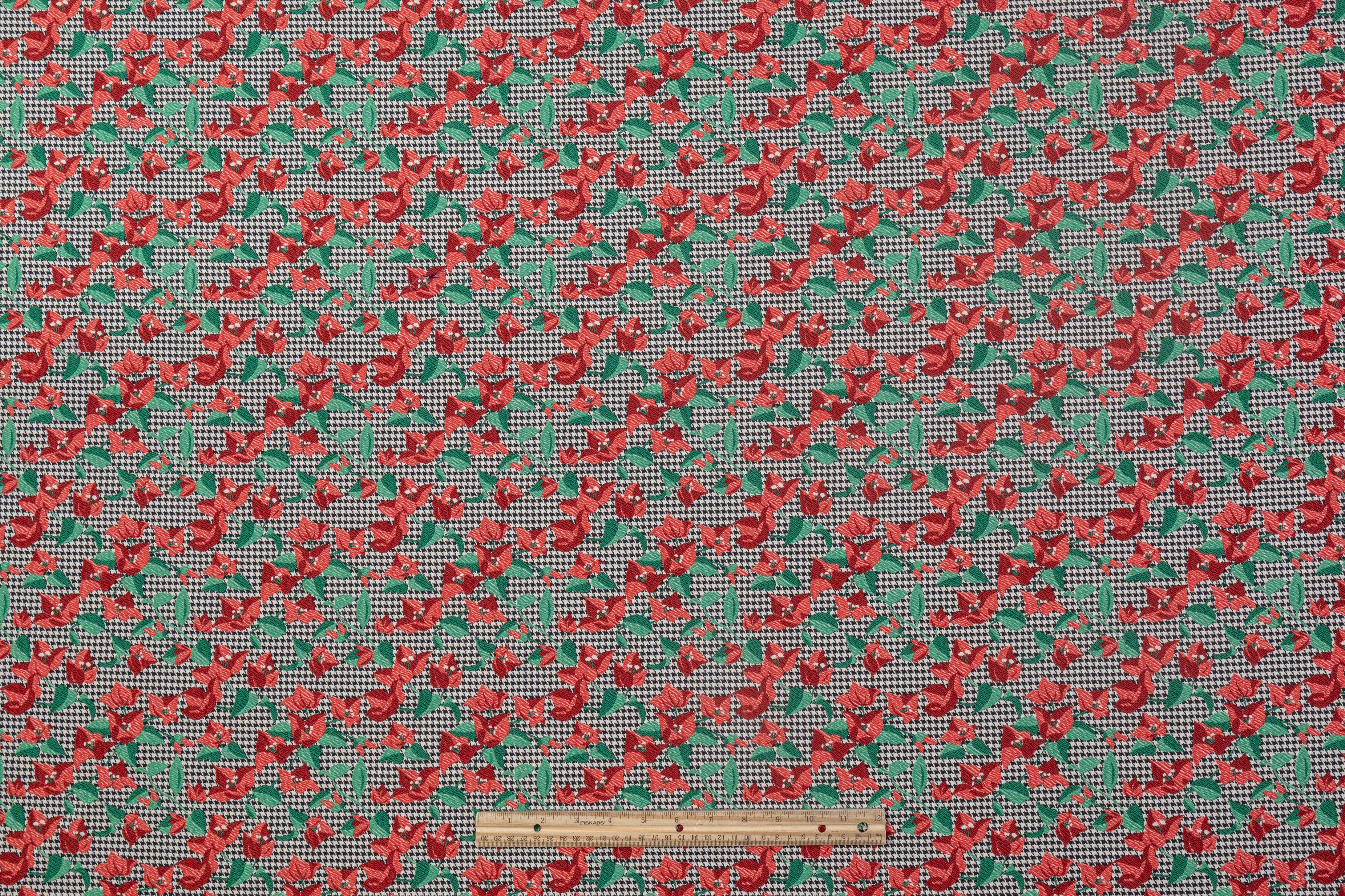 Houndstooth Floral Italian Brocade - Red / Green / Black / White