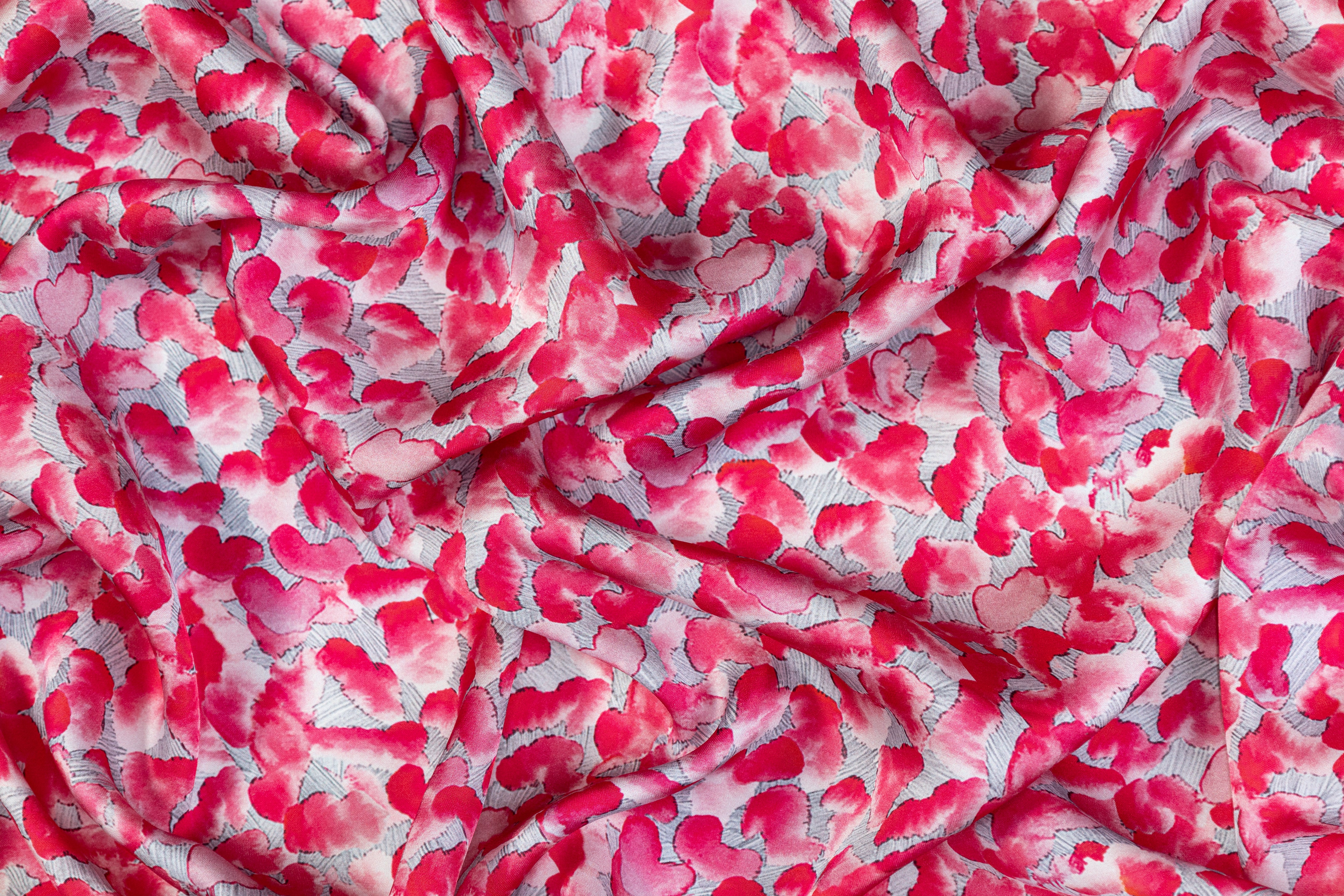 Heart Printed Italian Viscose Charmeuse - Pink / Gray