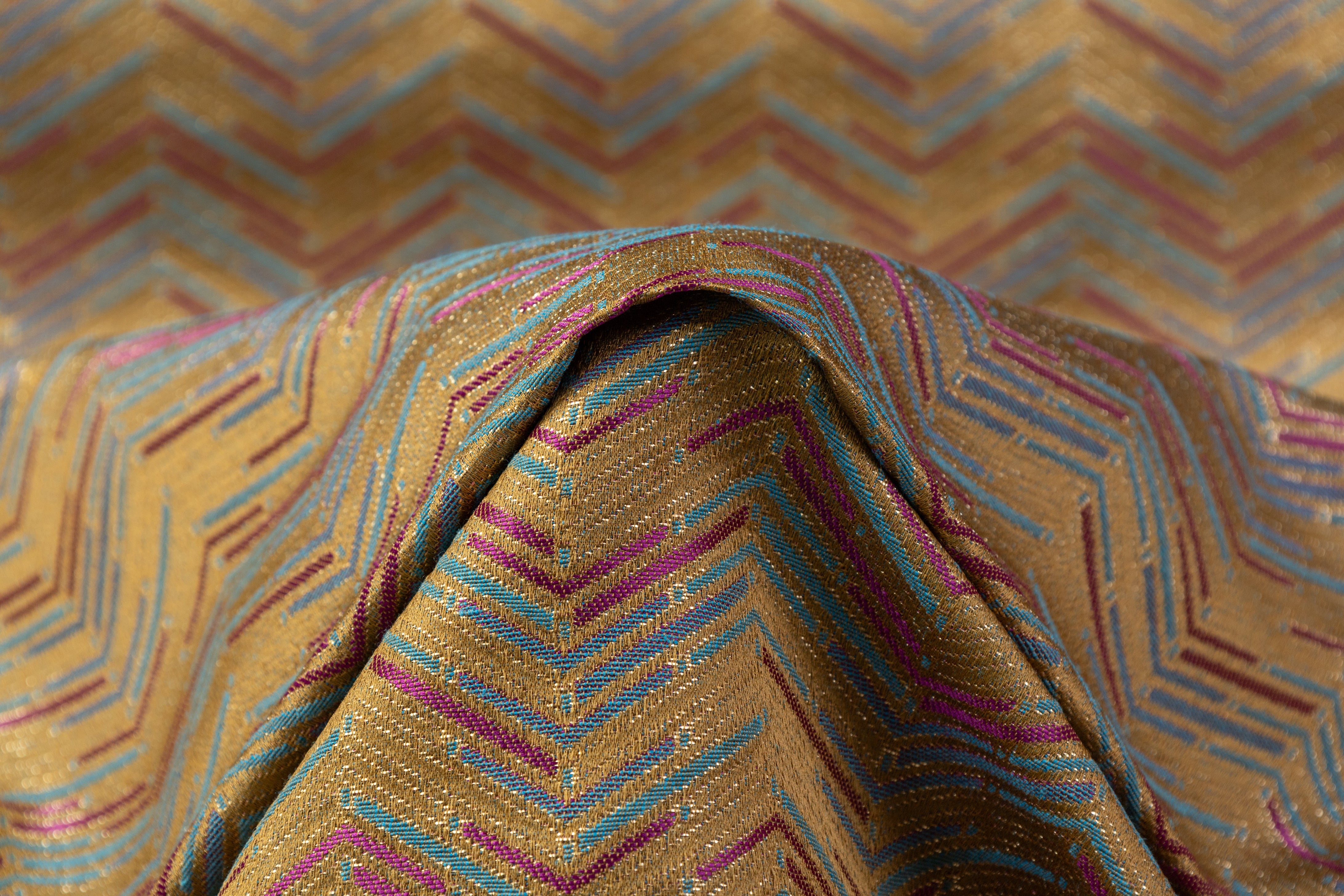Chevron Metallic Poly Cotton Italian Brocade - Gold / Fuchsia / Blue