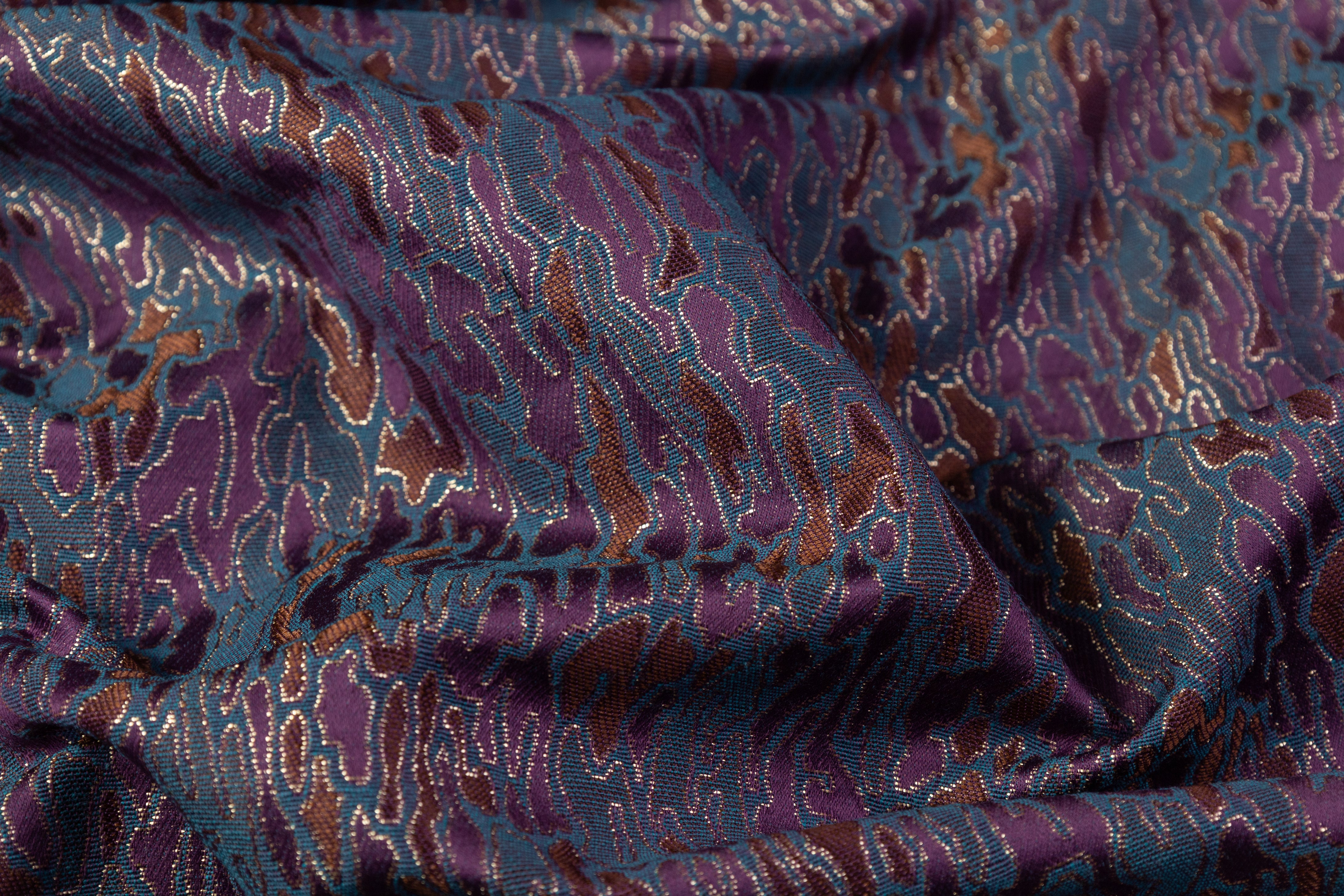 Abstract Metallic Poly Cotton Italian Brocade - Blue / Purple / Brown