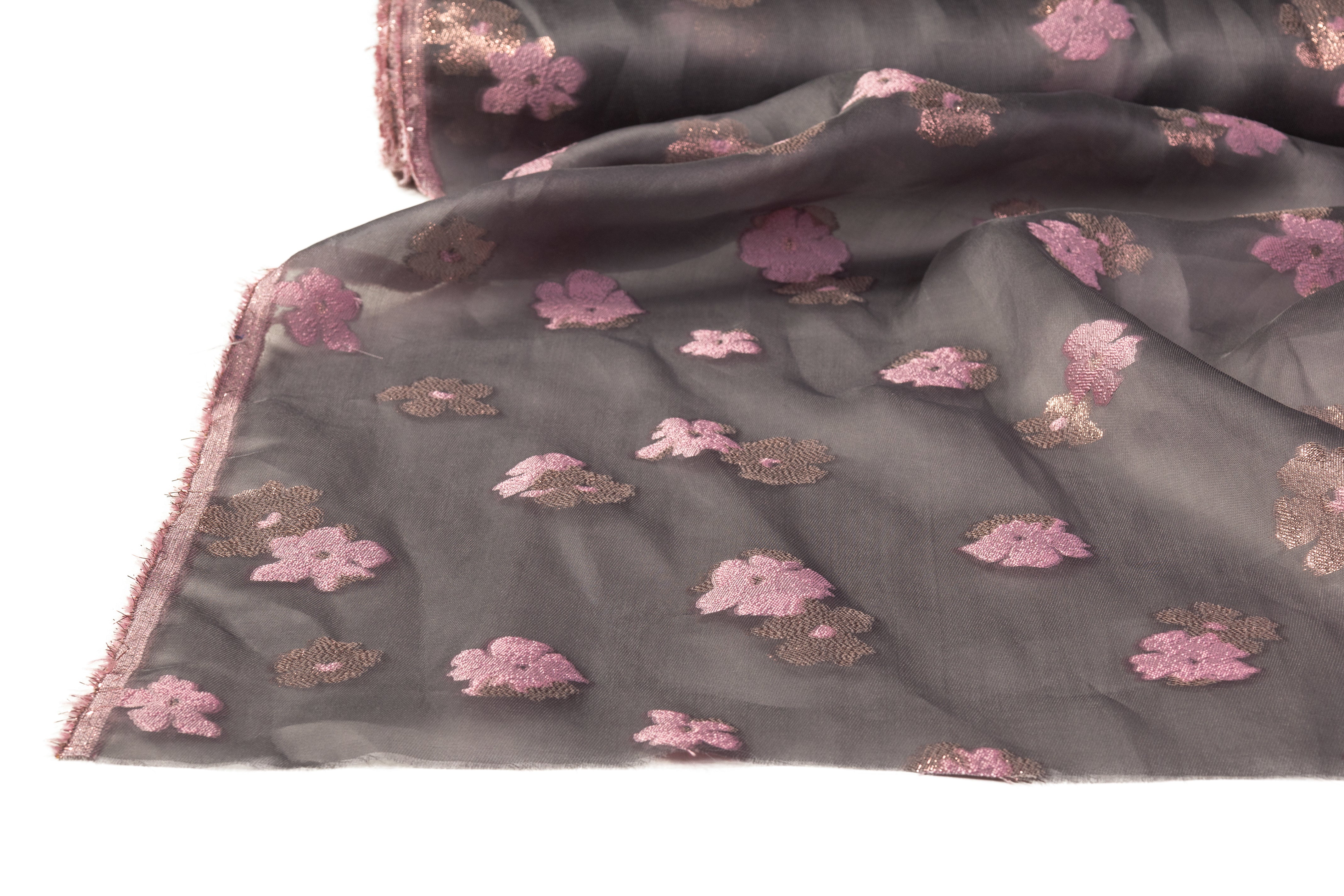 Floral Metallic Silk Gazar Fil Coupé - Gray / Pink