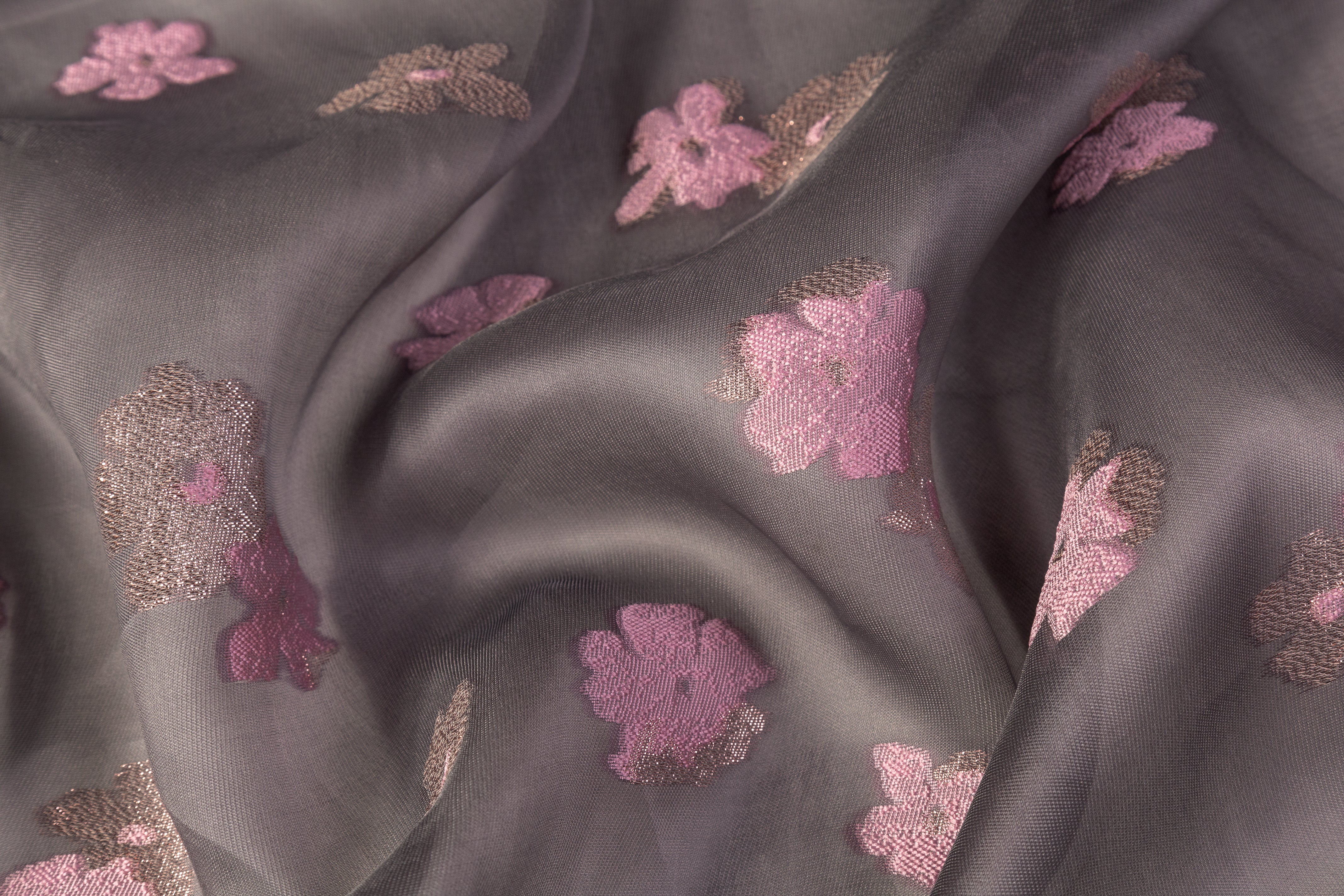 Floral Metallic Silk Gazar Fil Coupé - Gray / Pink