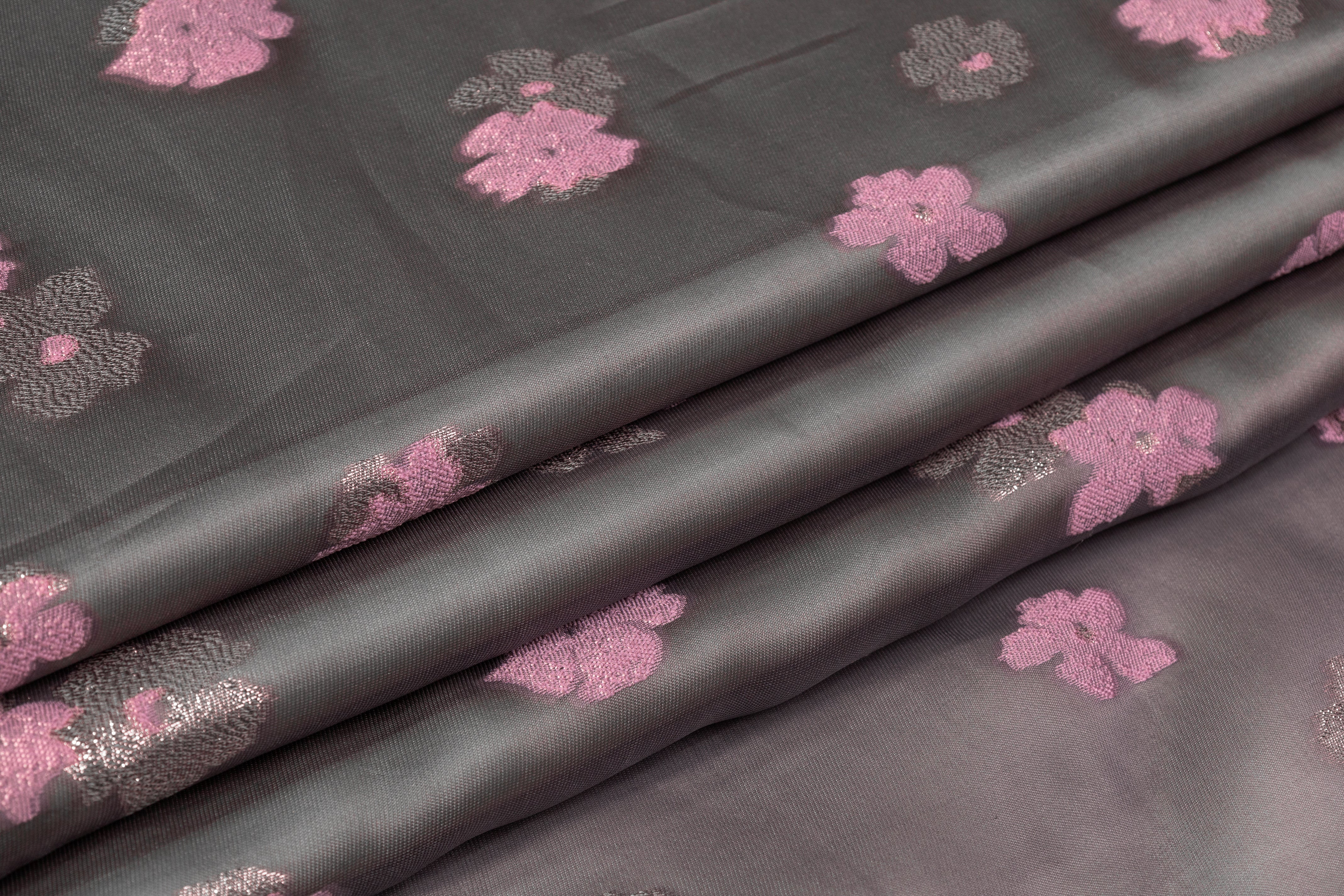 Floral Metallic Silk Gazar Fil Coupé - Gray / Pink