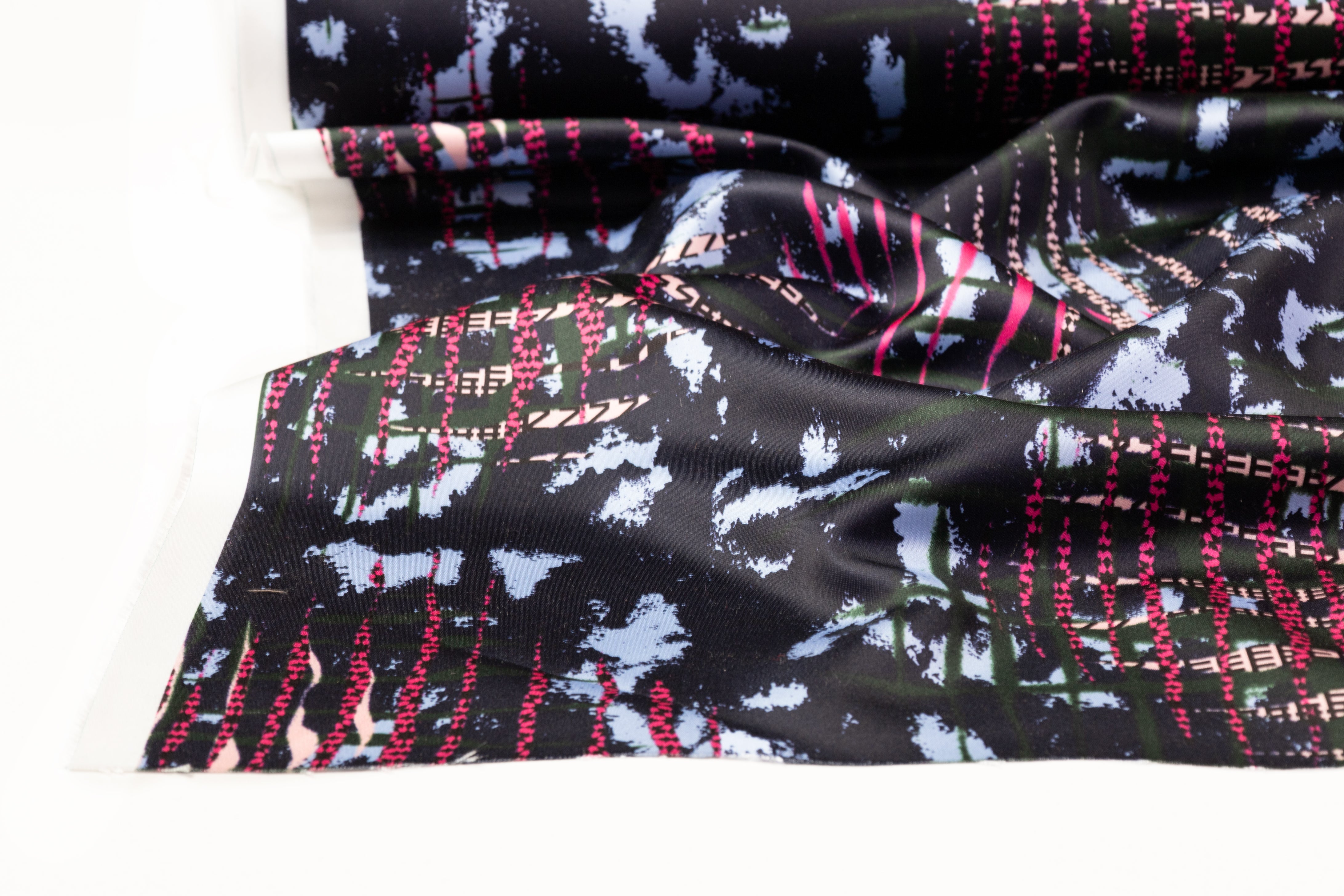 Abstract Italian Poly Satin - Navy / Green / Pink