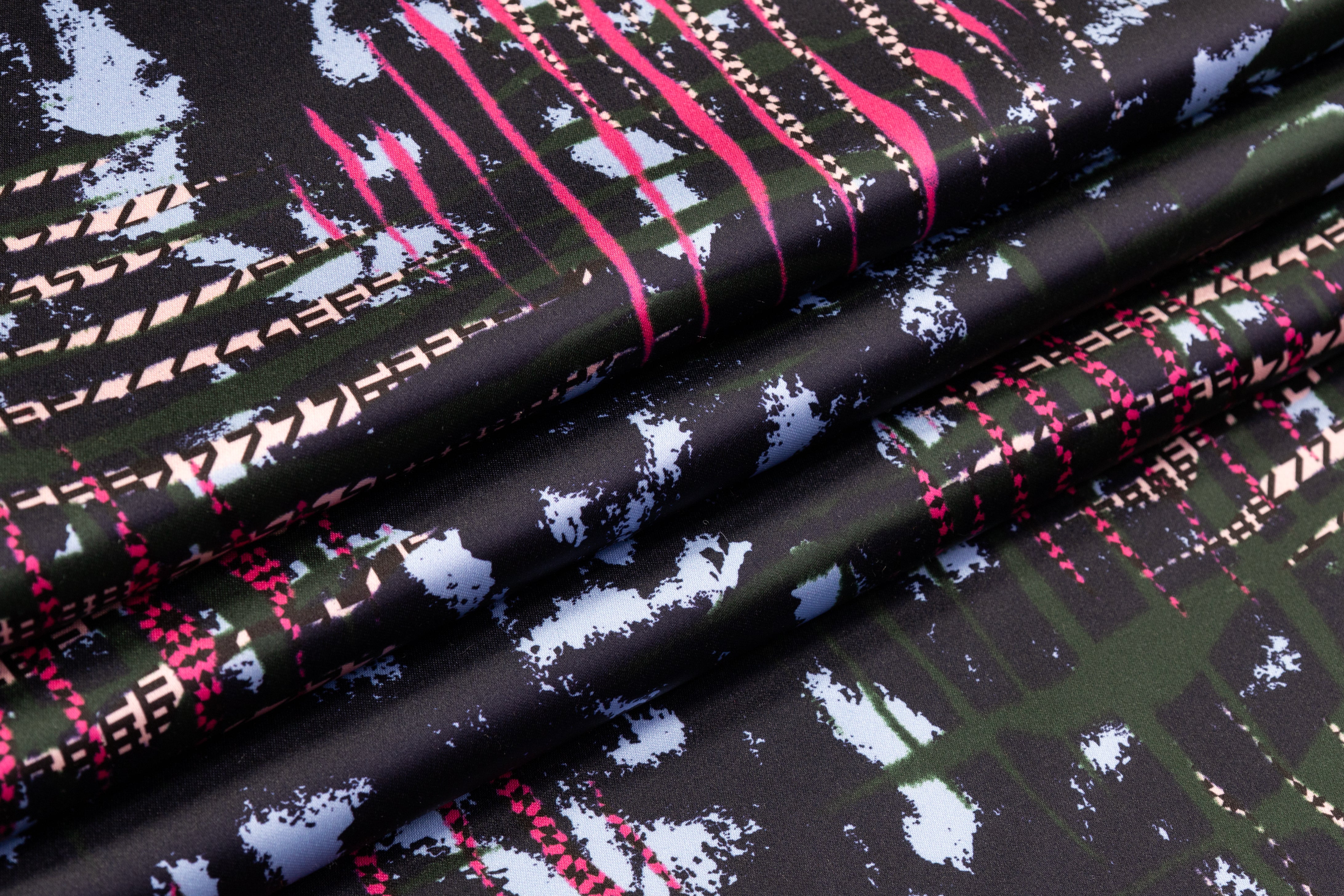 Abstract Italian Poly Satin - Navy / Green / Pink