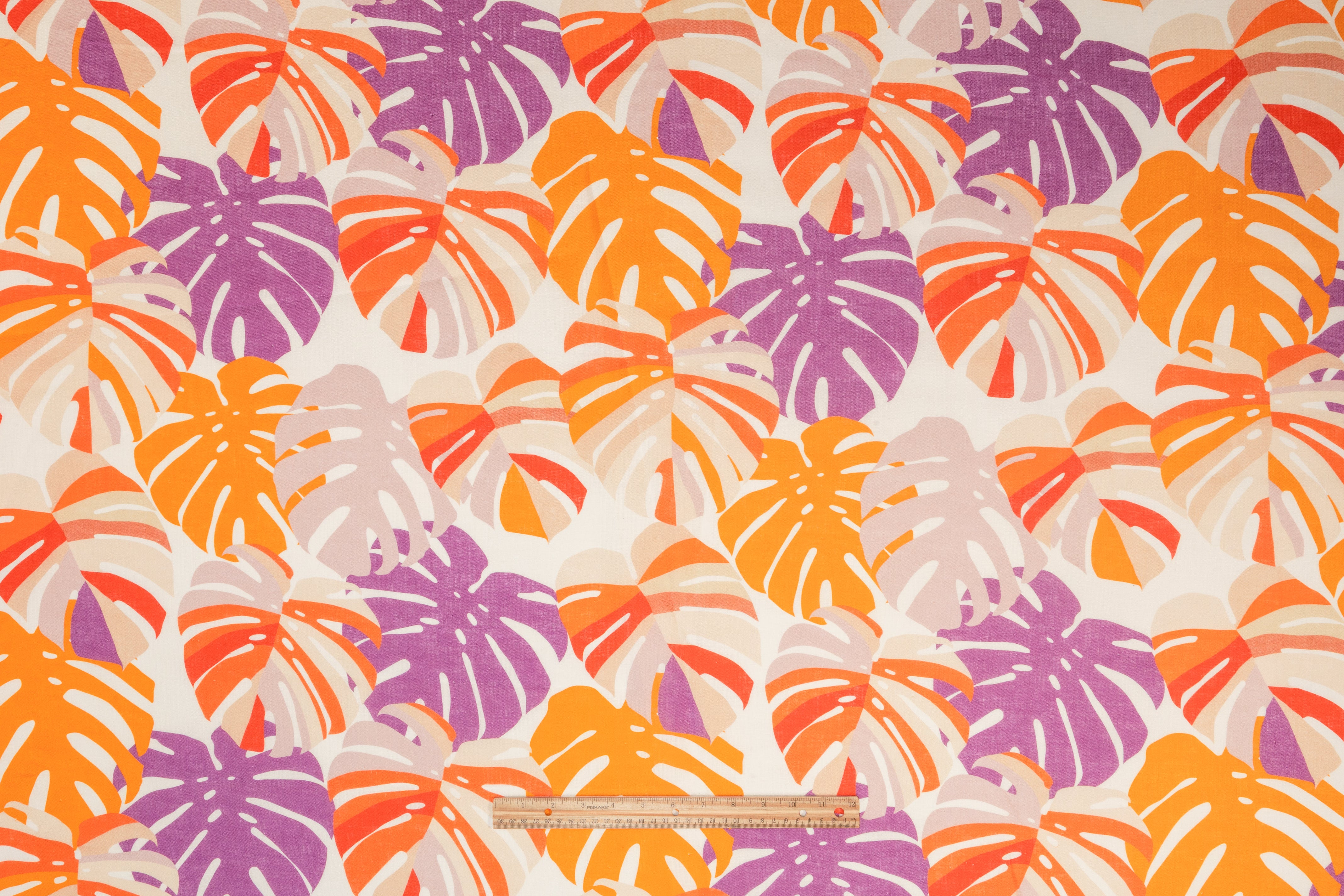 Monstera Printed Linen - Orange / Purple / White