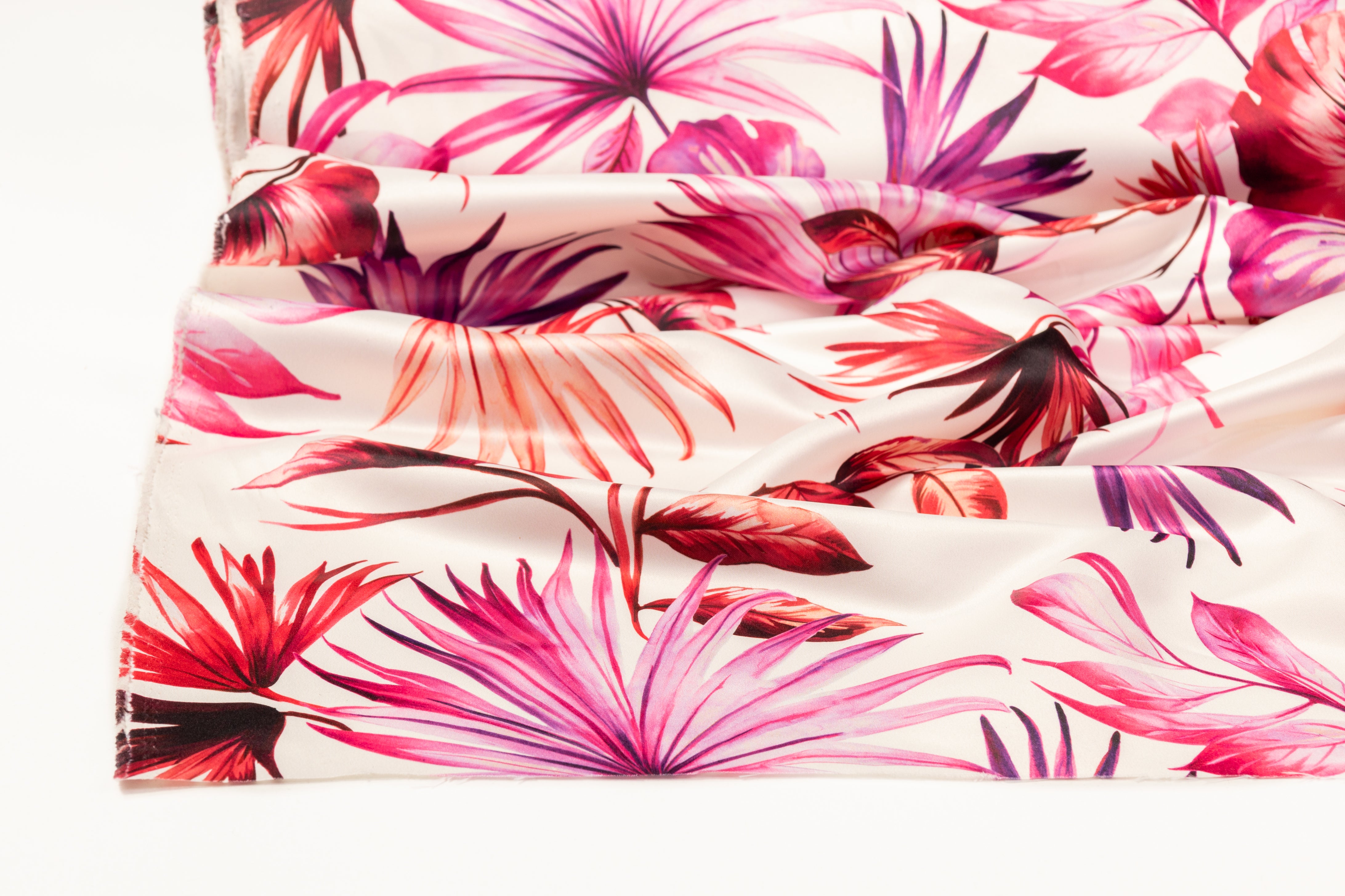 Floral Italian Poly Satin - White / Magenta