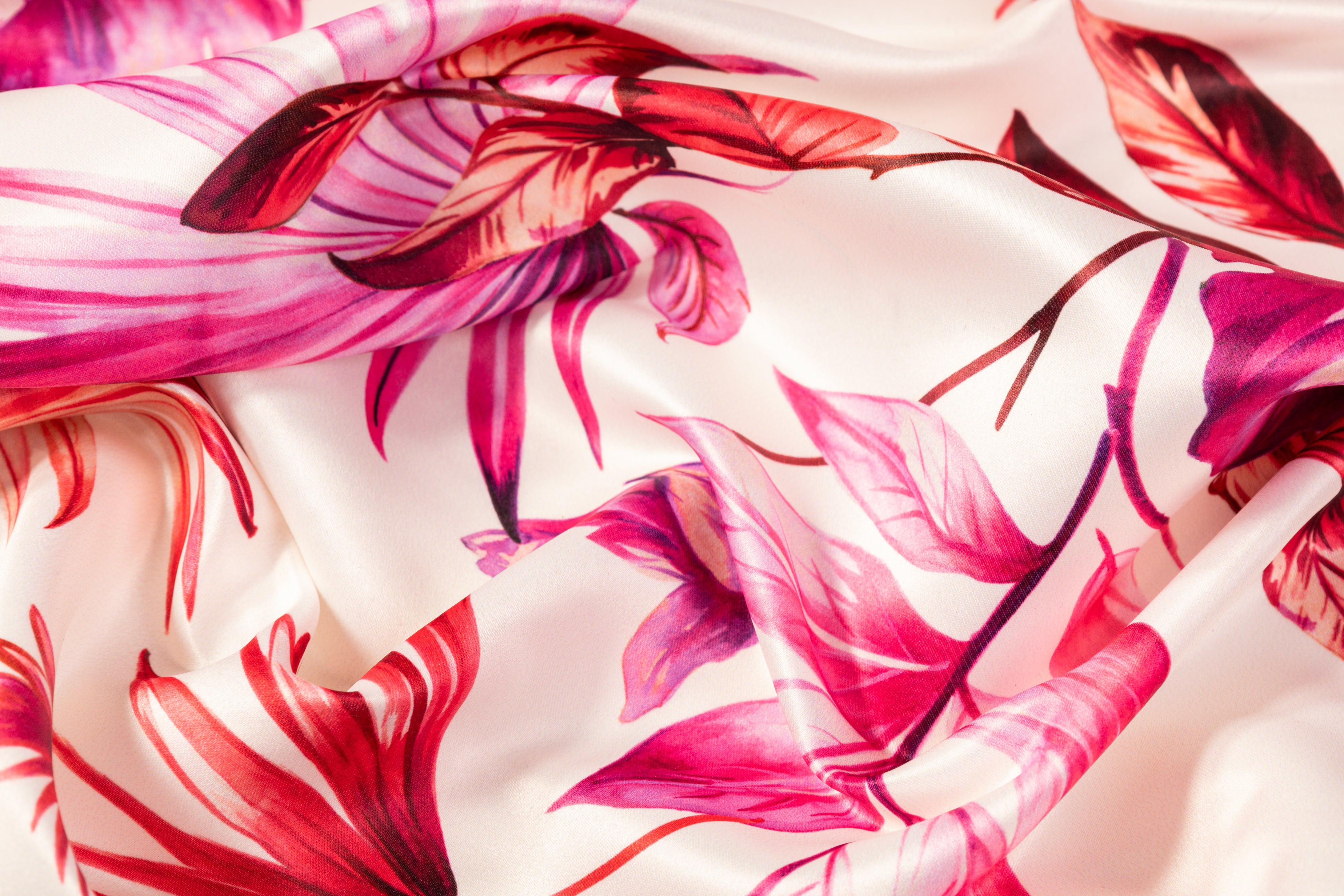 Floral Italian Poly Satin - White / Magenta