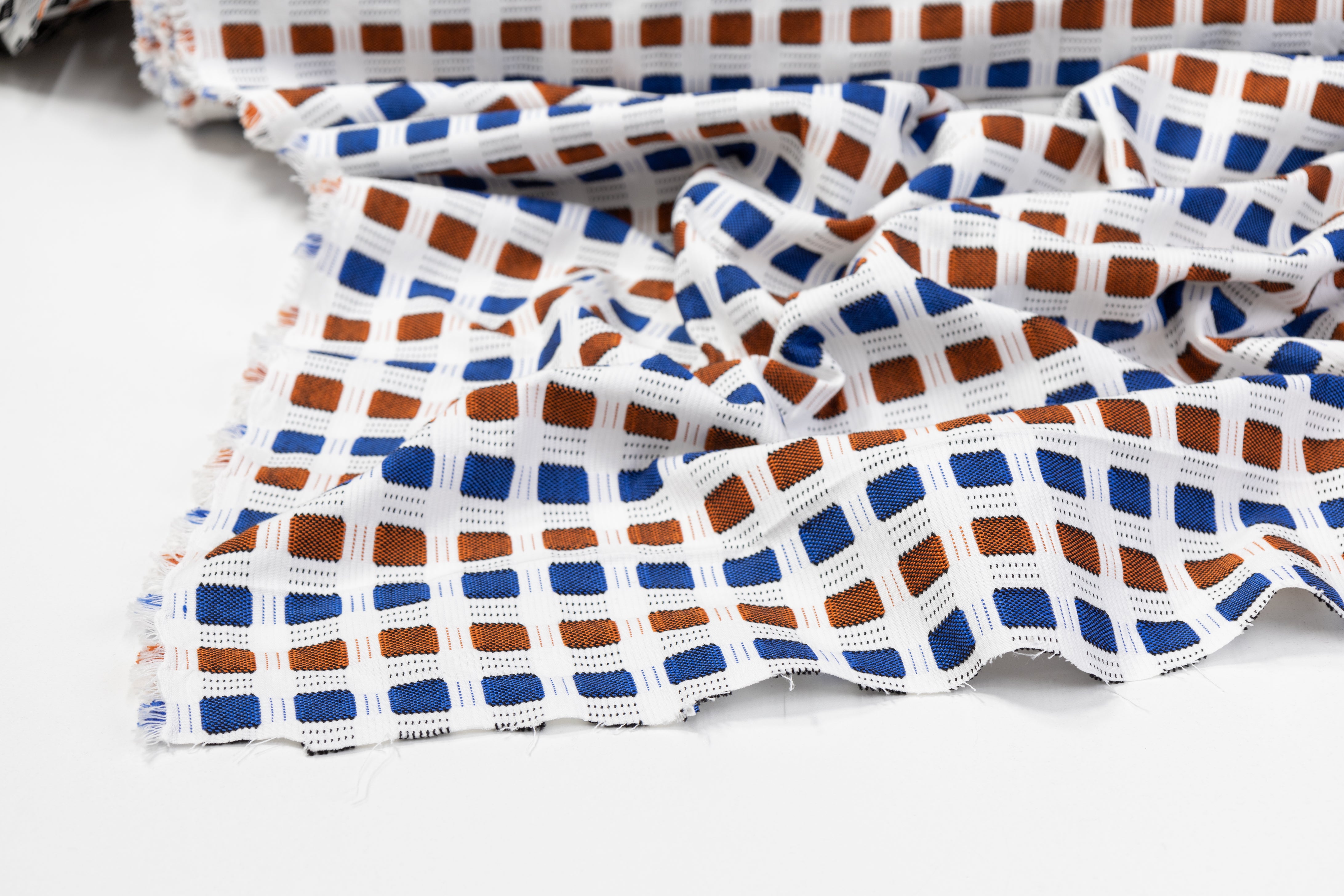 Geometric Italian Cotton Viscose Brocade - White / Rust / Blue