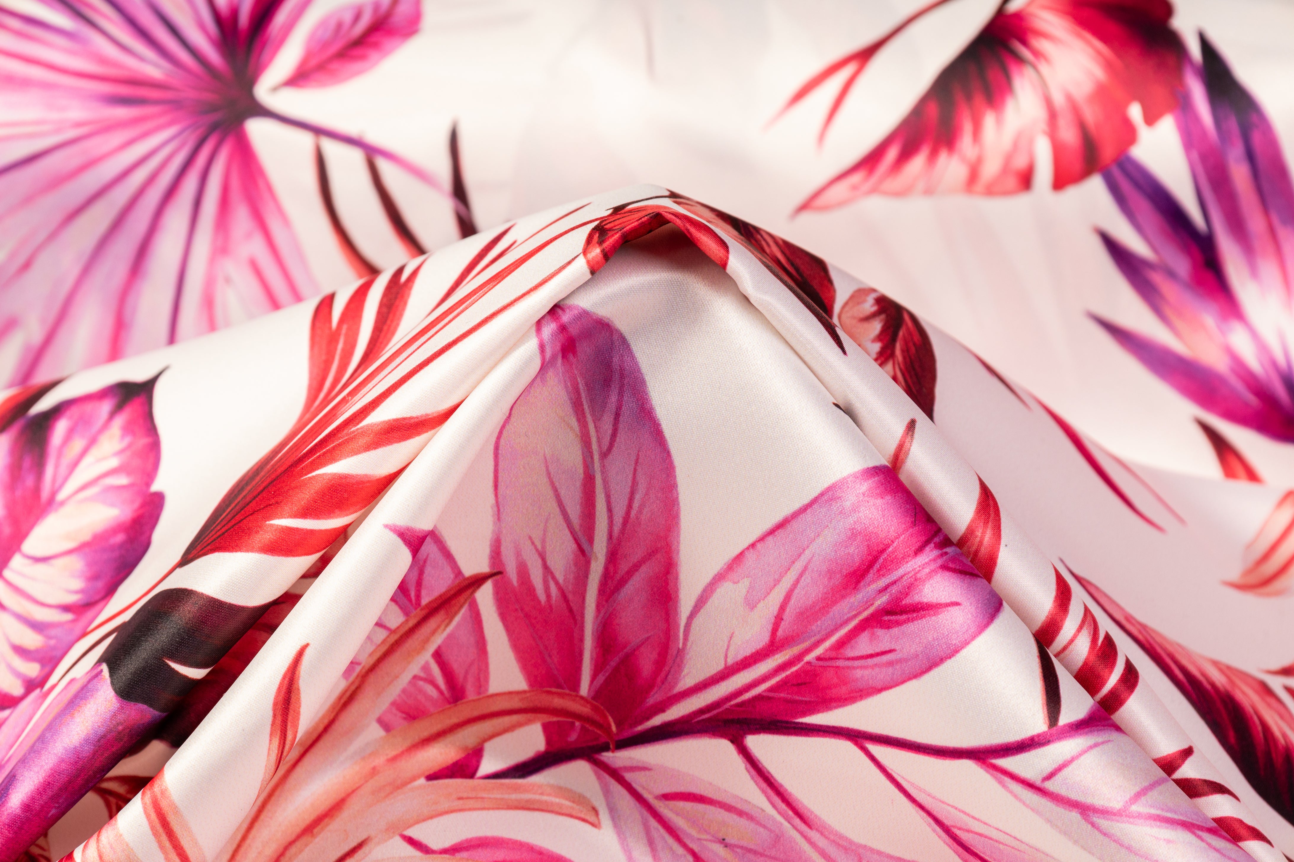 Floral Italian Poly Satin - White / Magenta