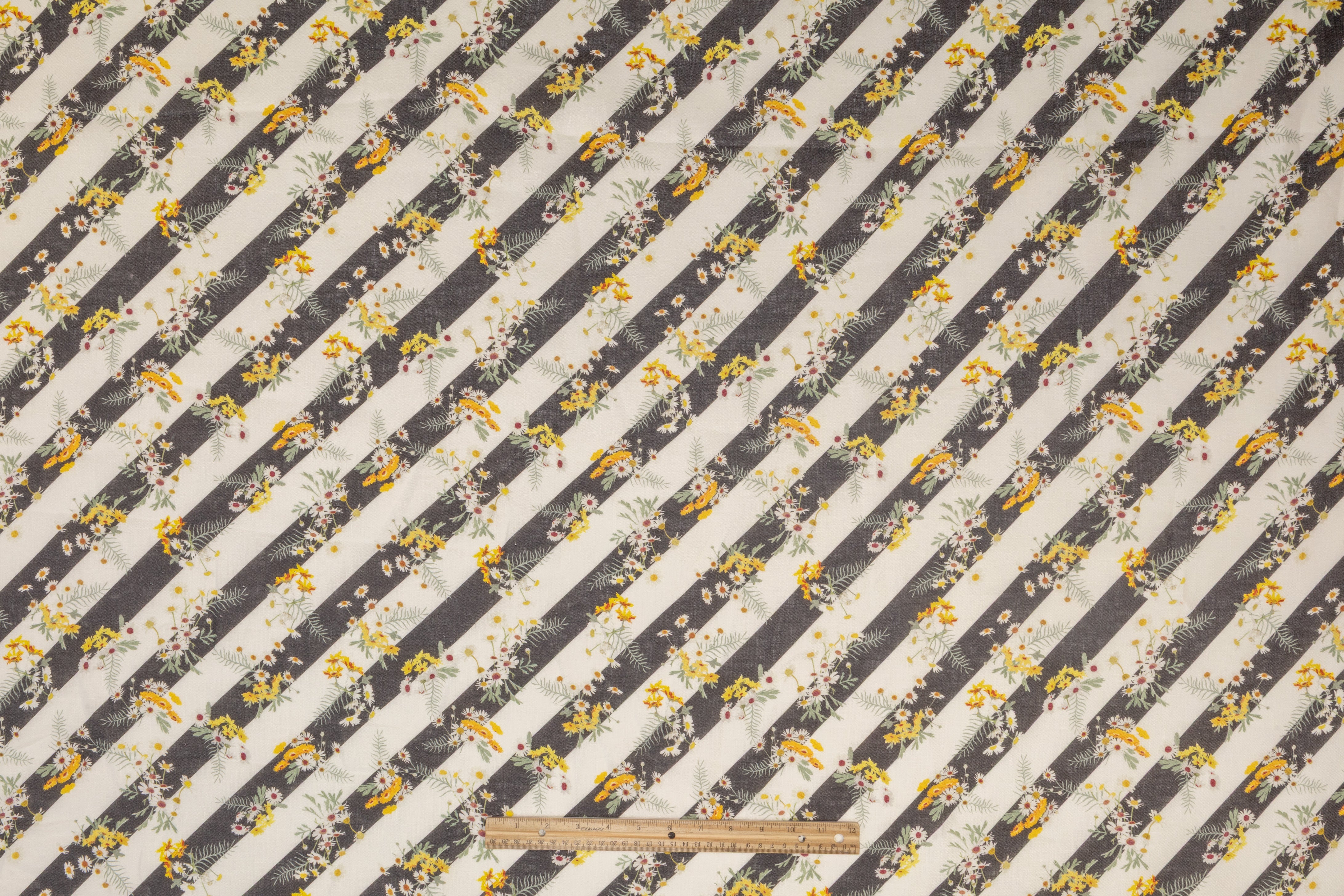 Floral Striped Linen Print - Off White / Charcoal / Yellow
