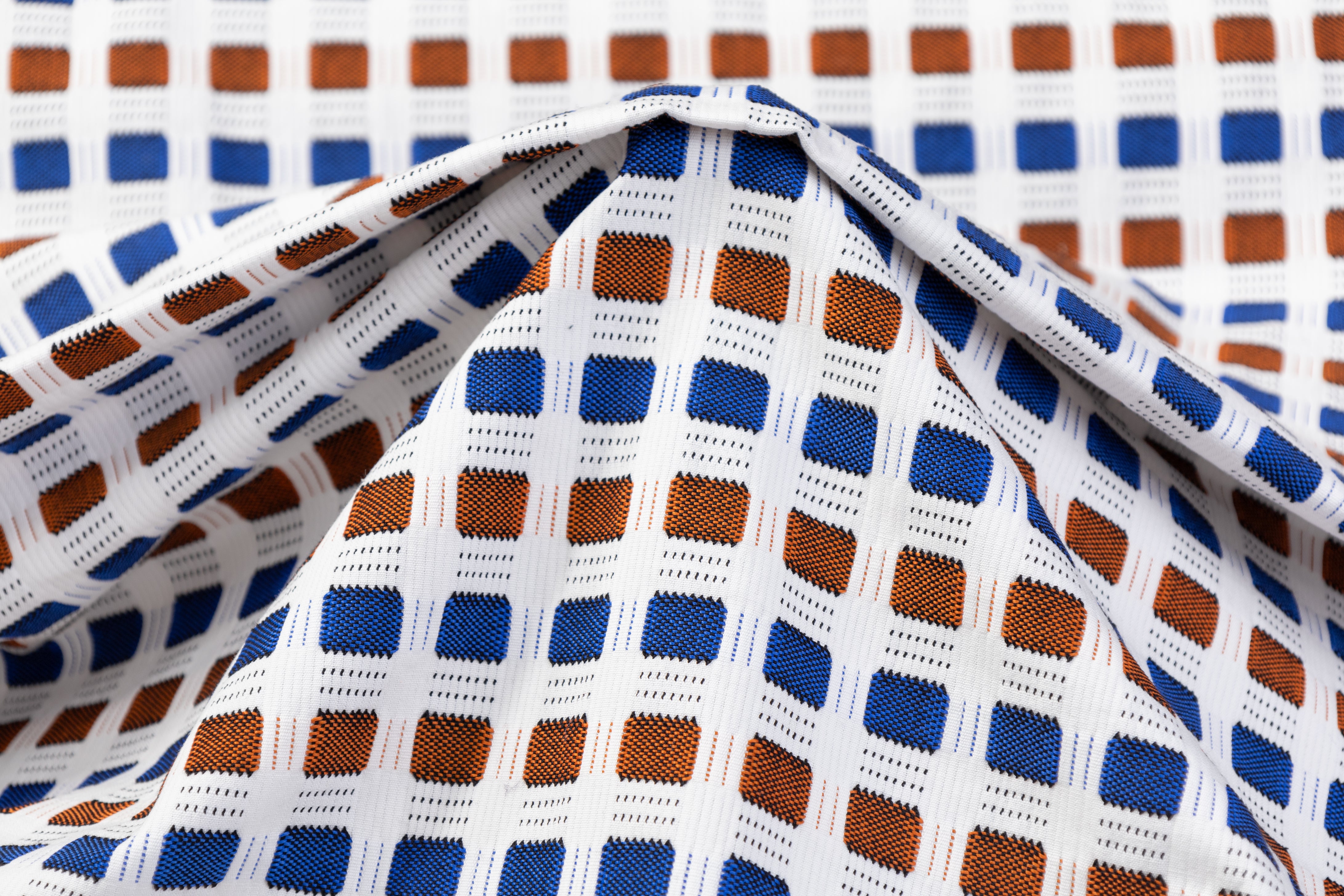 Geometric Italian Cotton Viscose Brocade - White / Rust / Blue