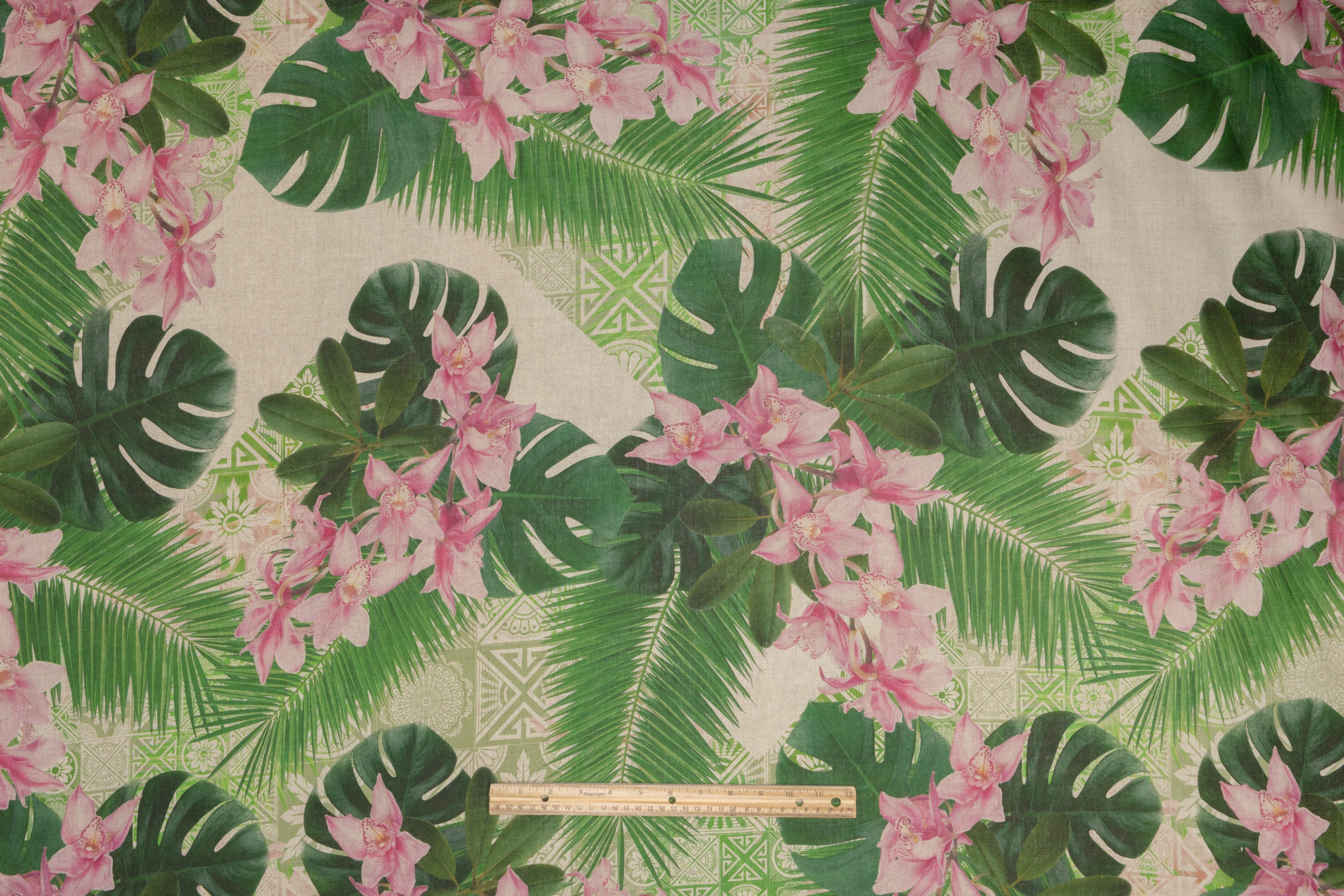 Tropical Linen Print - Green / Pink / Taupe