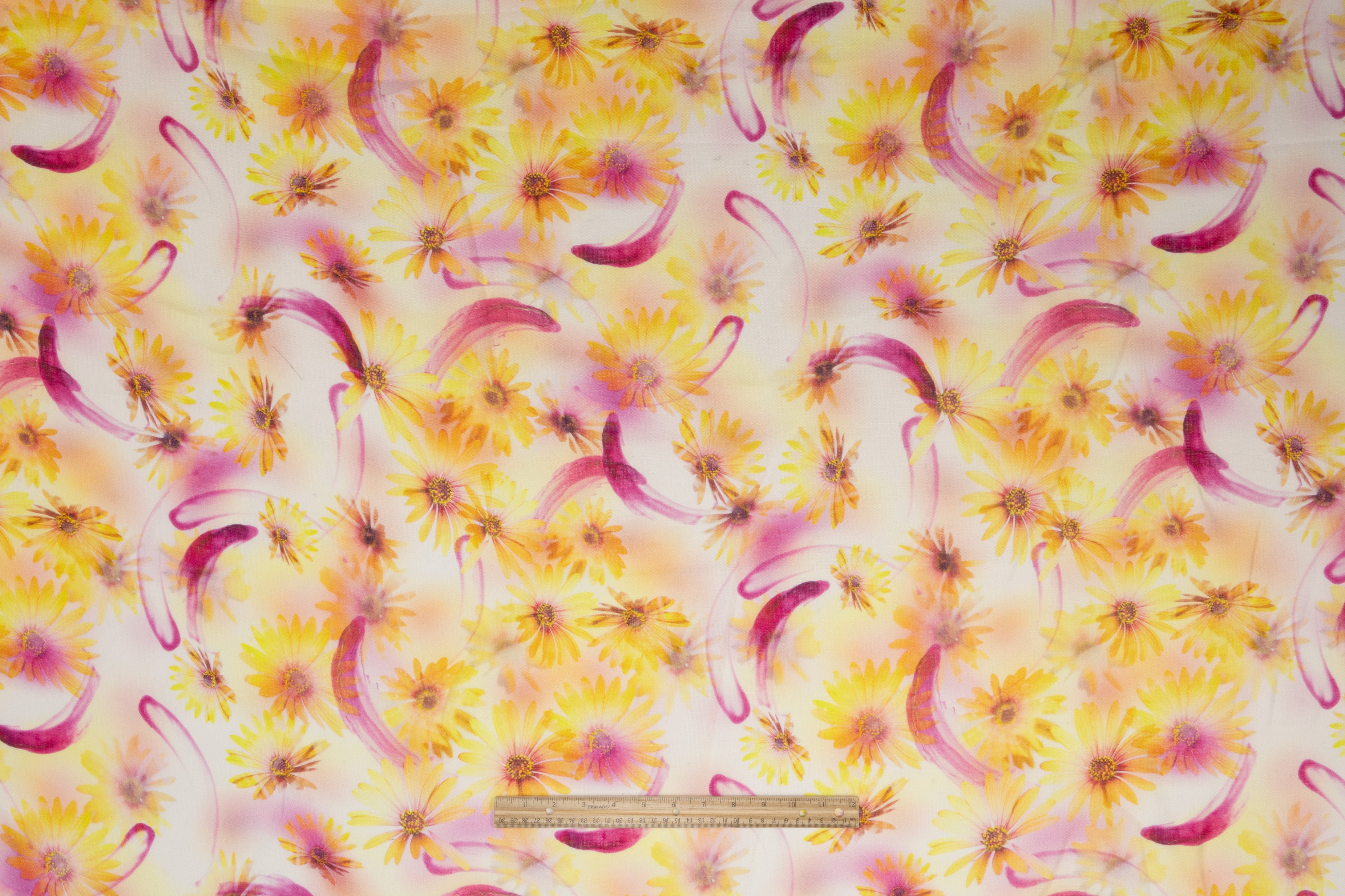 Floral Linen Print - Golden Yellow / Fuchsia