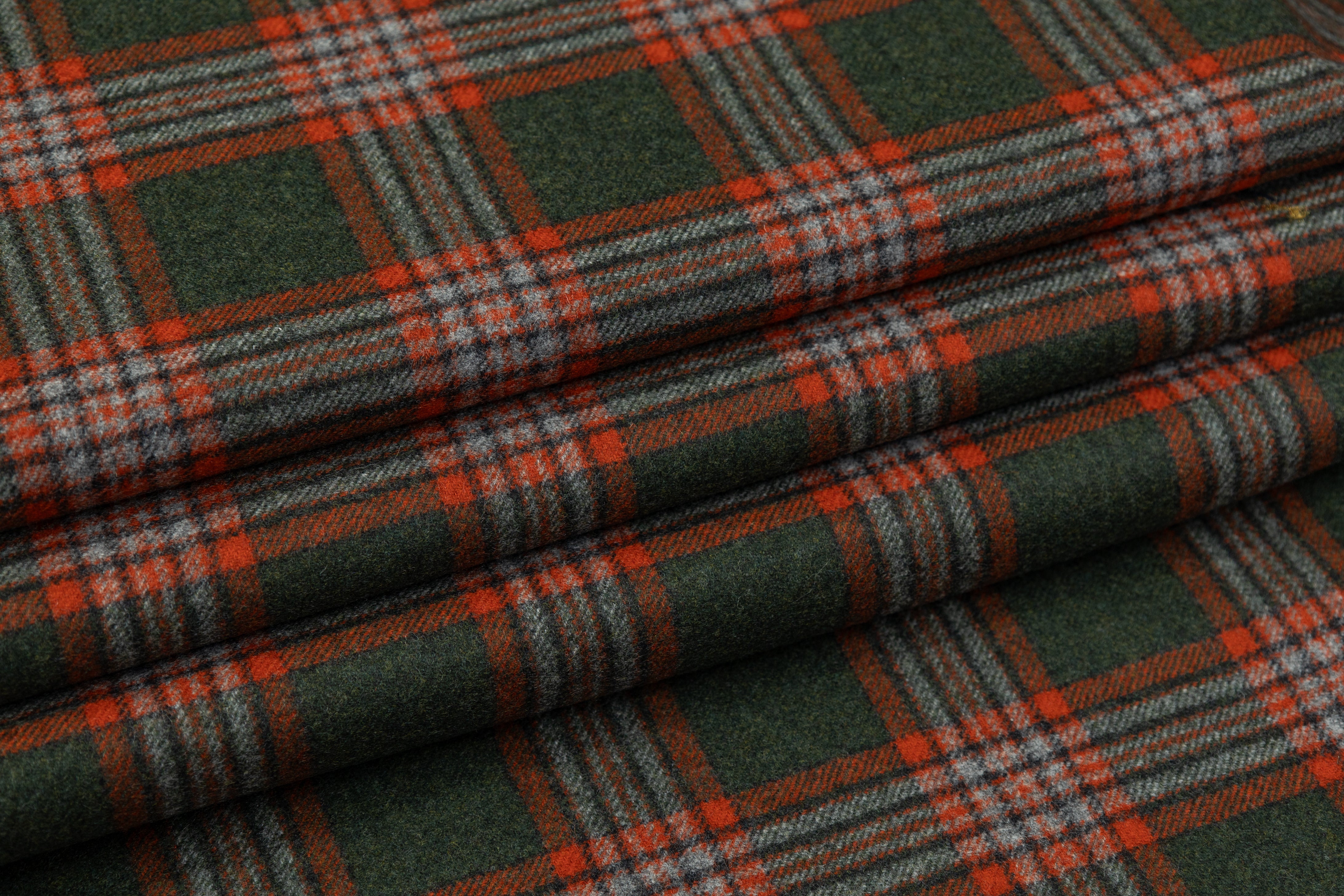 Plaid Italian Wool Suiting - Green / Orange