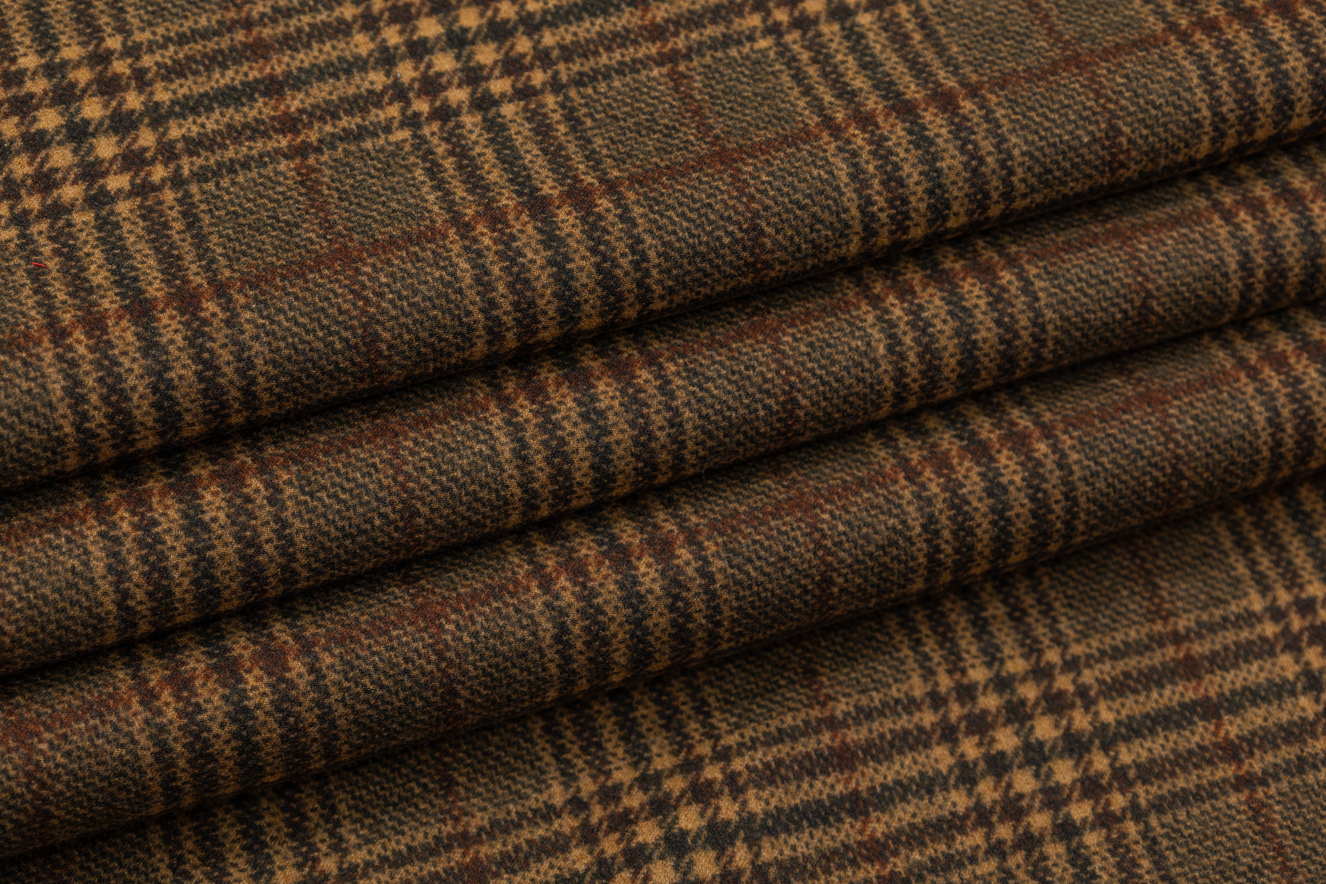 Plaid Printed Italian Wool Suiting - Brown