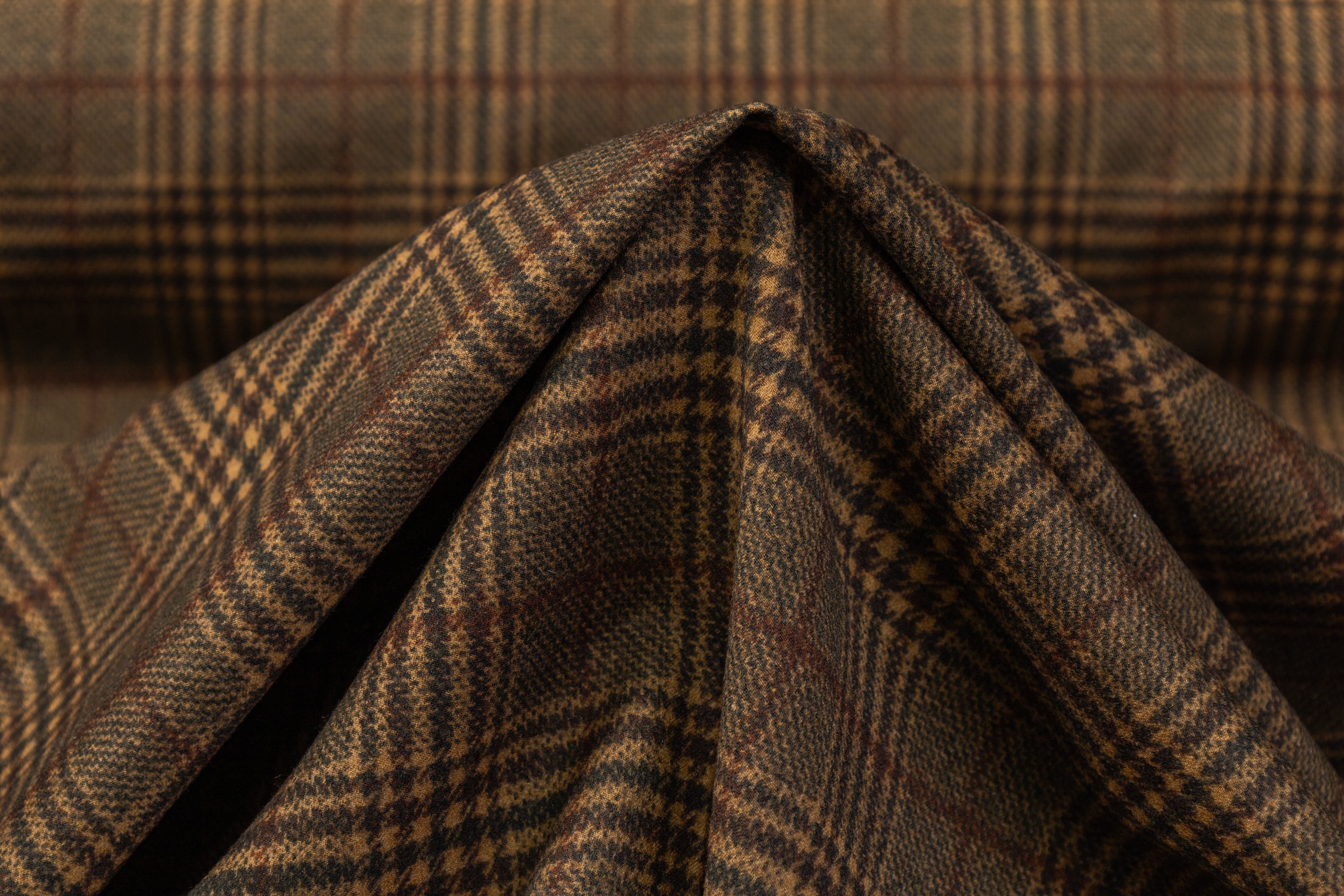 Plaid Printed Italian Wool Suiting - Brown