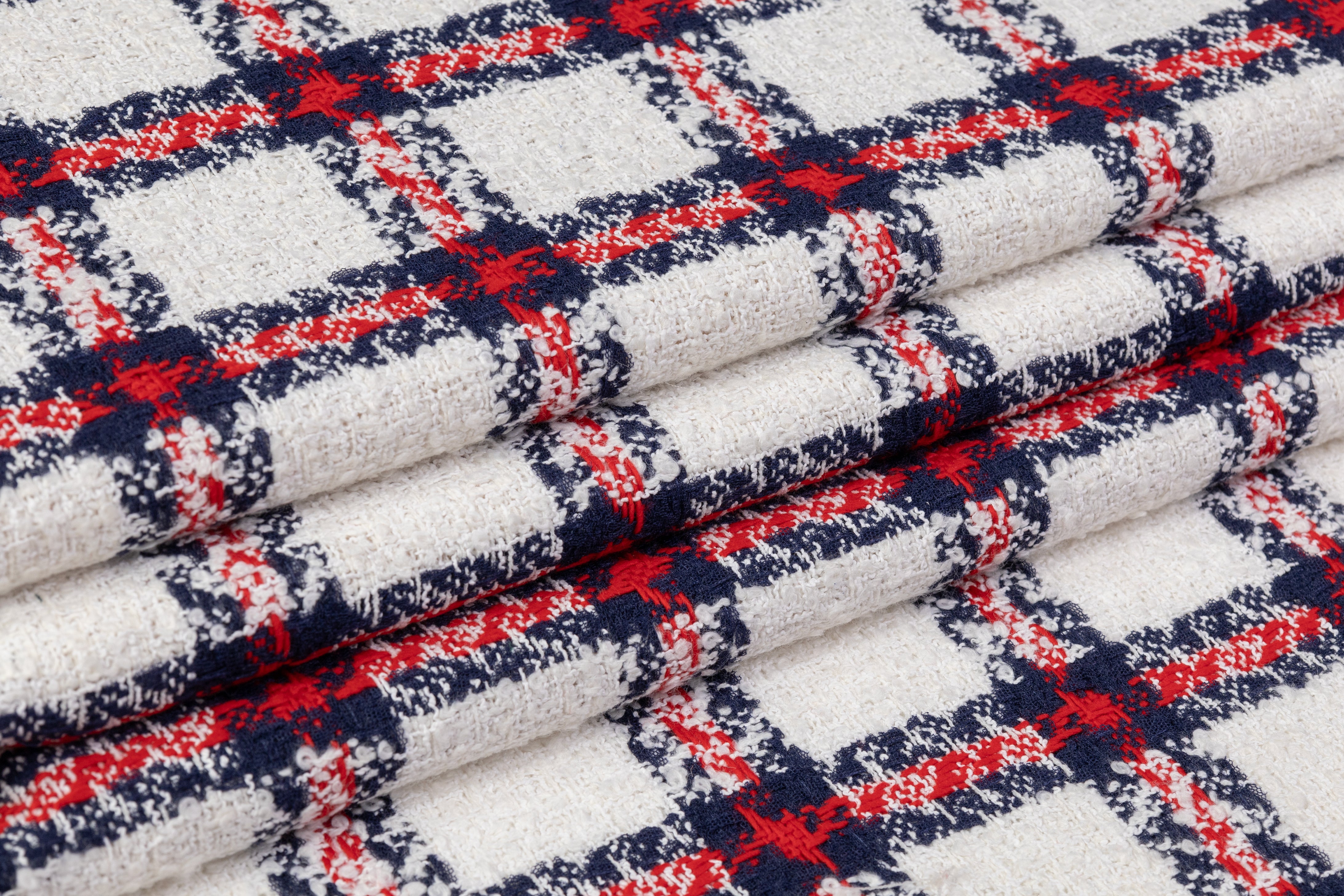 Checked Italian Wool Cotton Blend Tweed Boucle - Red / White / Navy