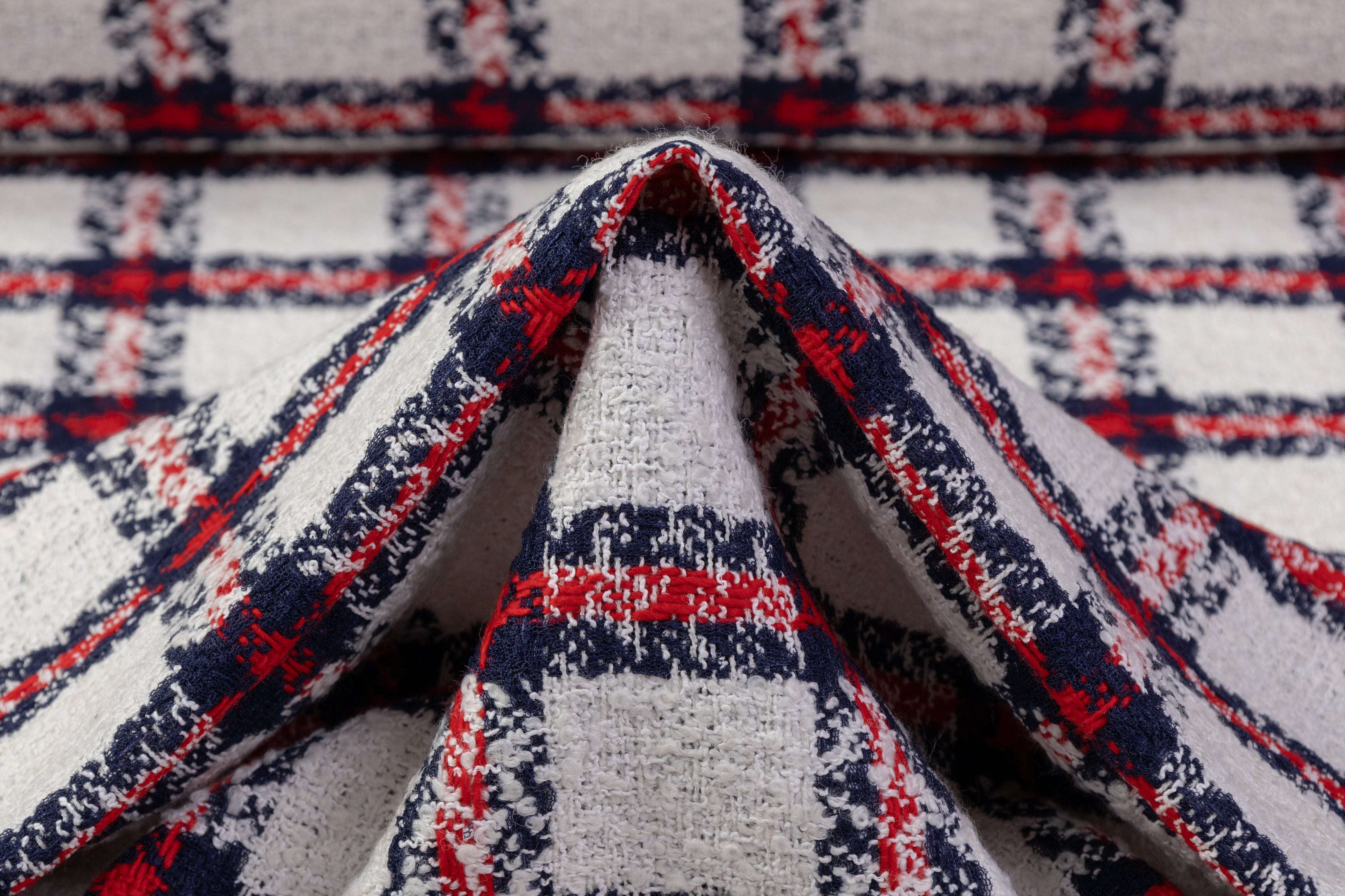 Checked Italian Wool Cotton Blend Tweed Boucle - Red / White / Navy