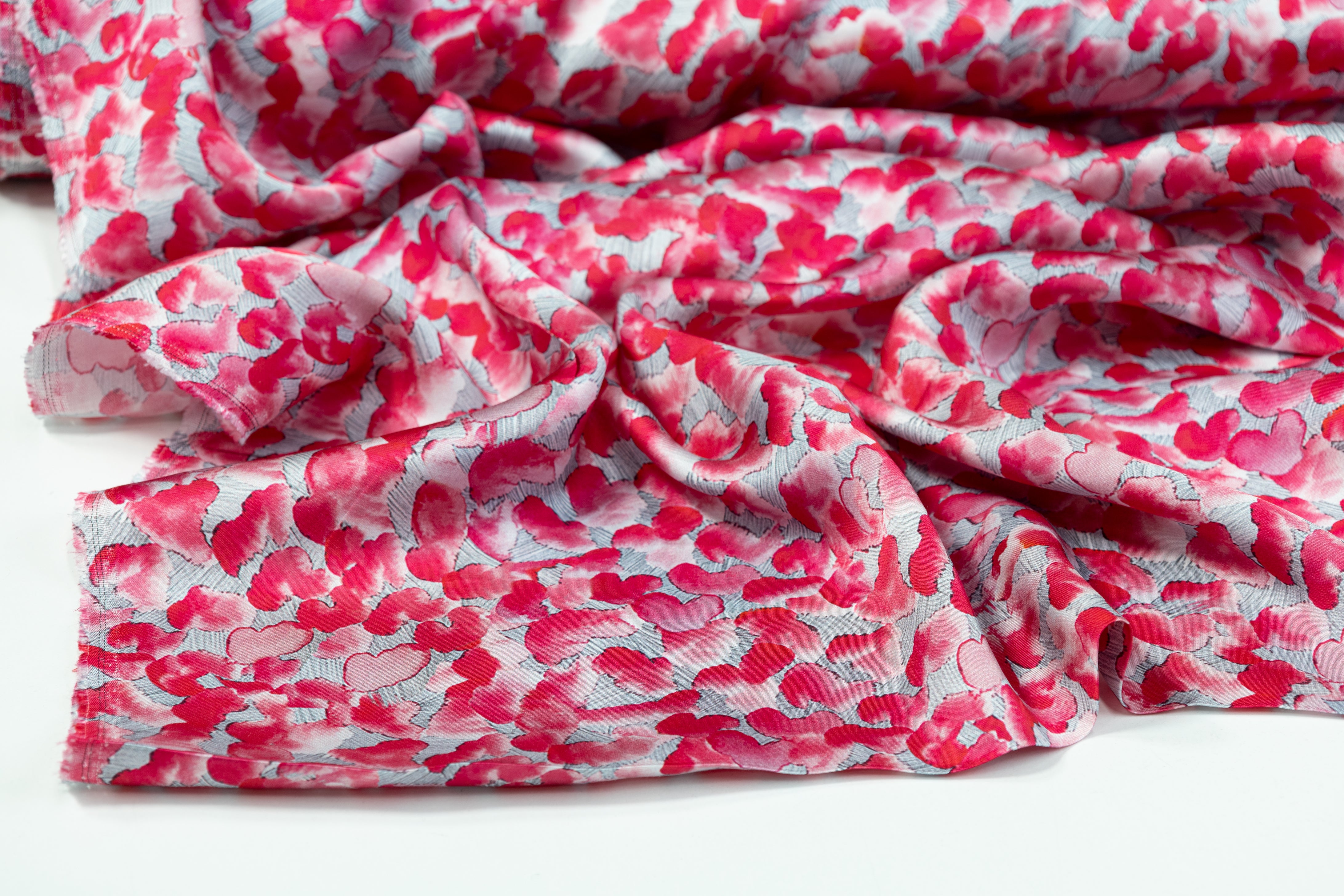 Heart Printed Italian Viscose Charmeuse - Pink / Gray