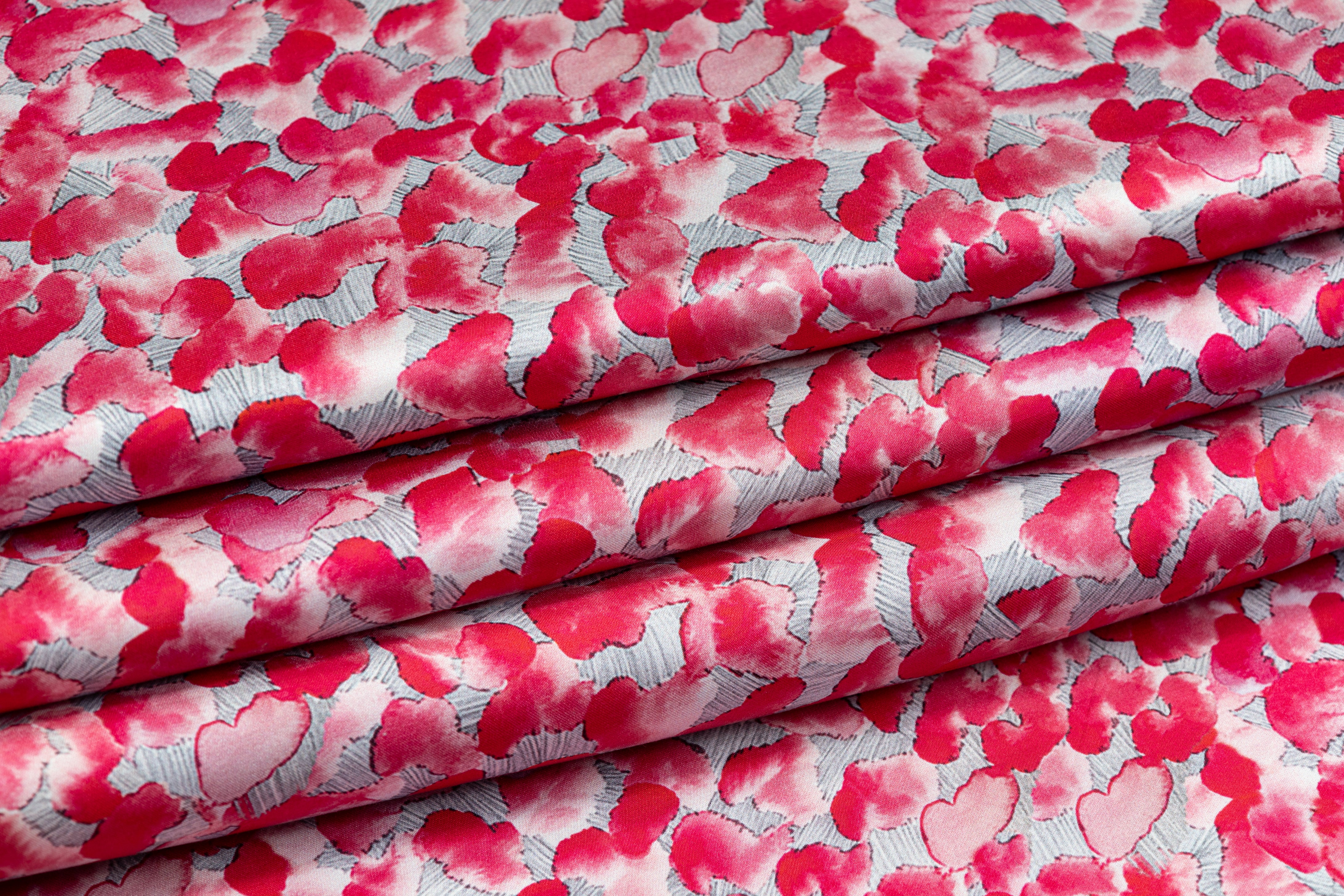 Heart Printed Italian Viscose Charmeuse - Pink / Gray