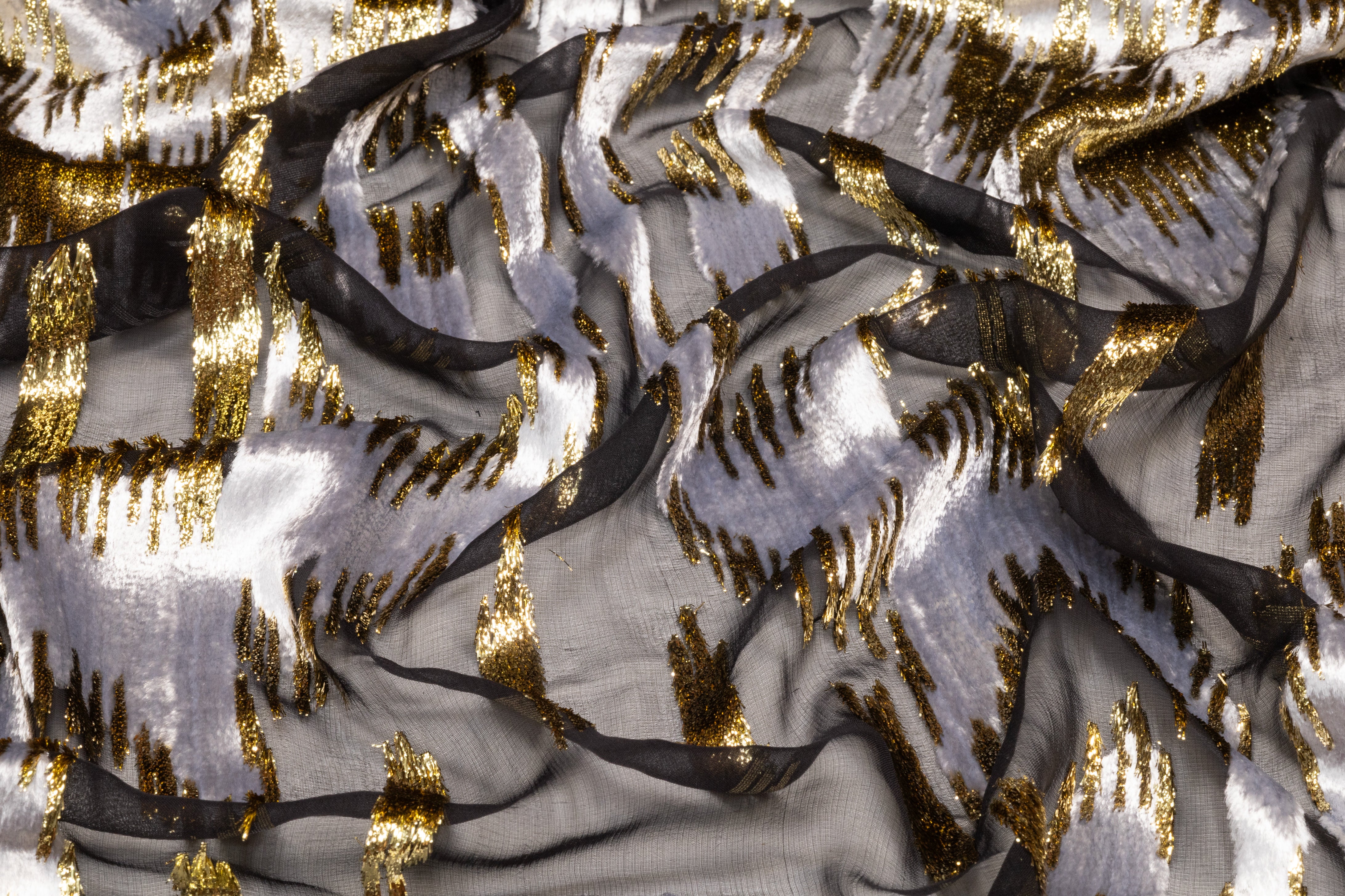 Ikat Italian Metallic Silk Viscose Velvet Fil Coupé - Black / Silver / Gold
