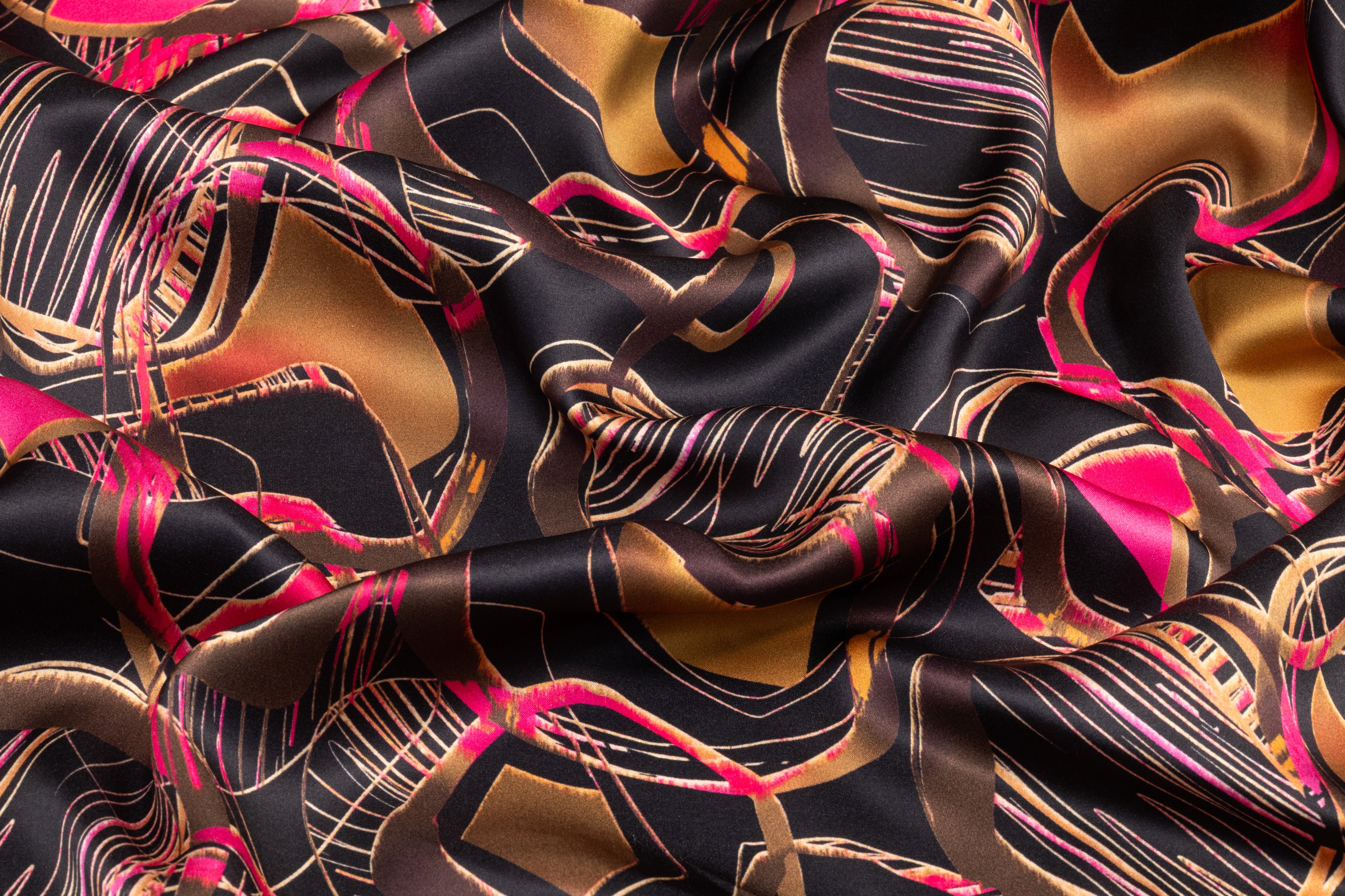 Abstract Italian Silk Charmeuse - Magenta / Brass / Gold / Black