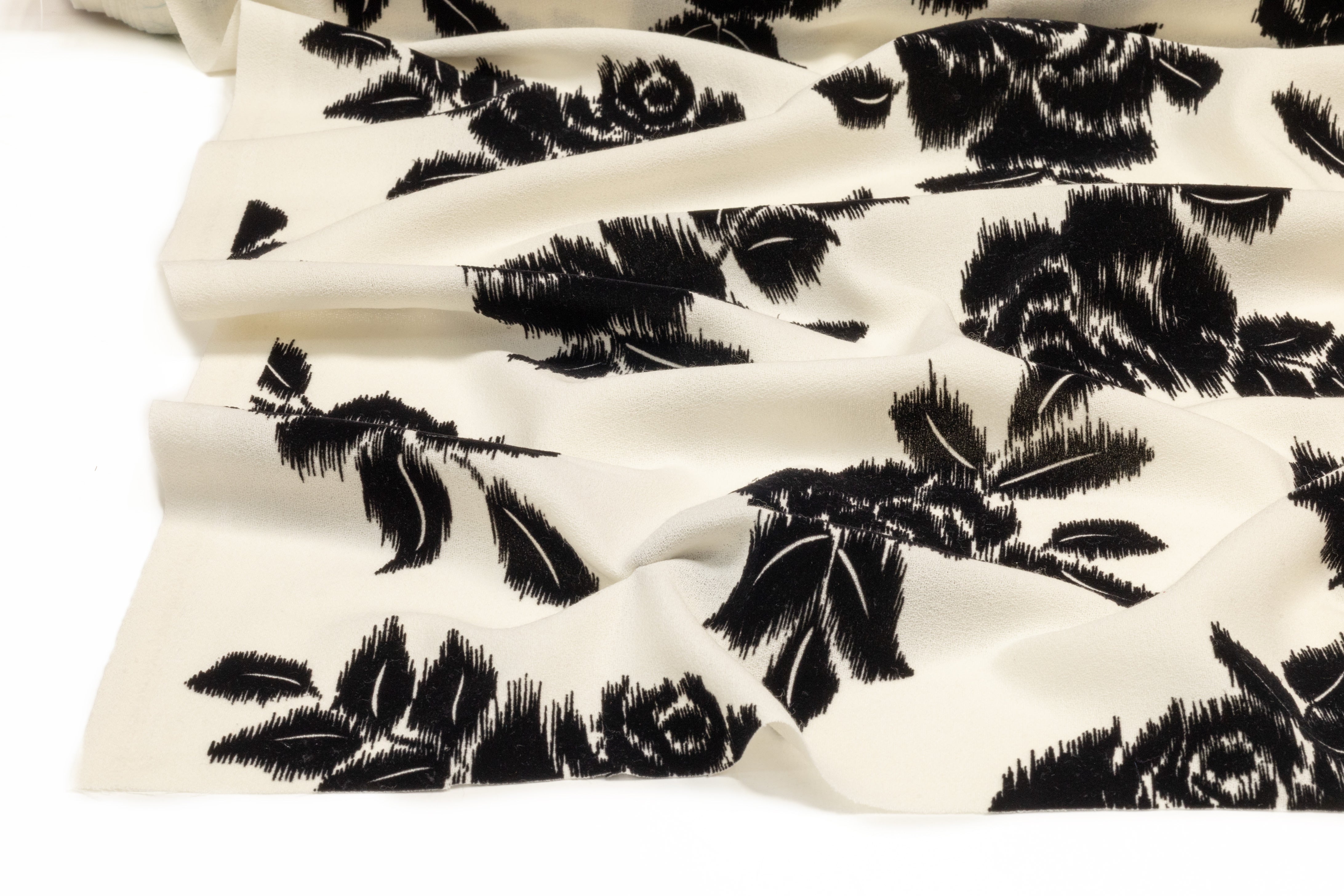 Floral Flocked Italian Crepe - Ivory / Black
