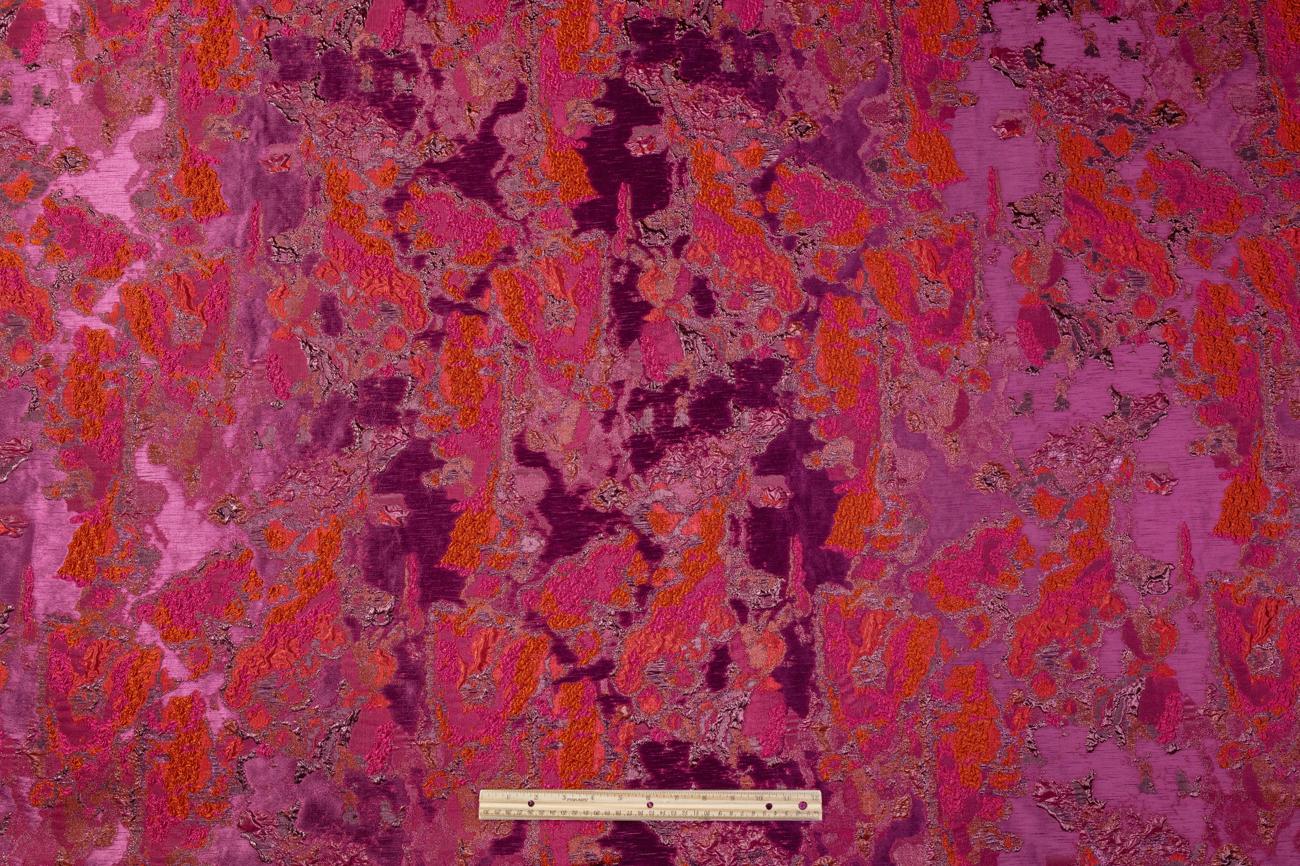 Abstract Metallic Cloqué Brocade - Fuchsia / Burnt Orange