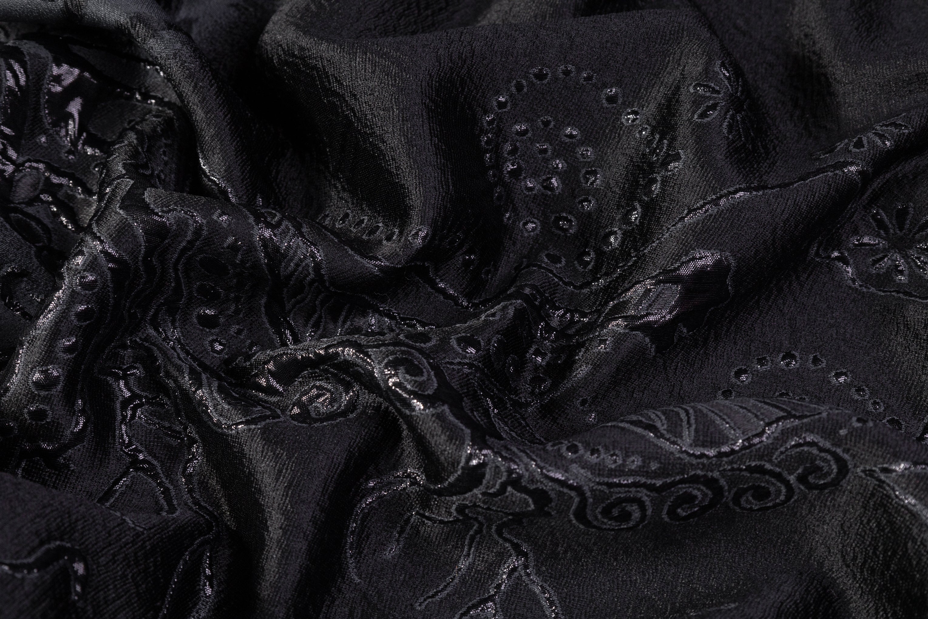Floral Cloqué Border Brocade - Navy / Black