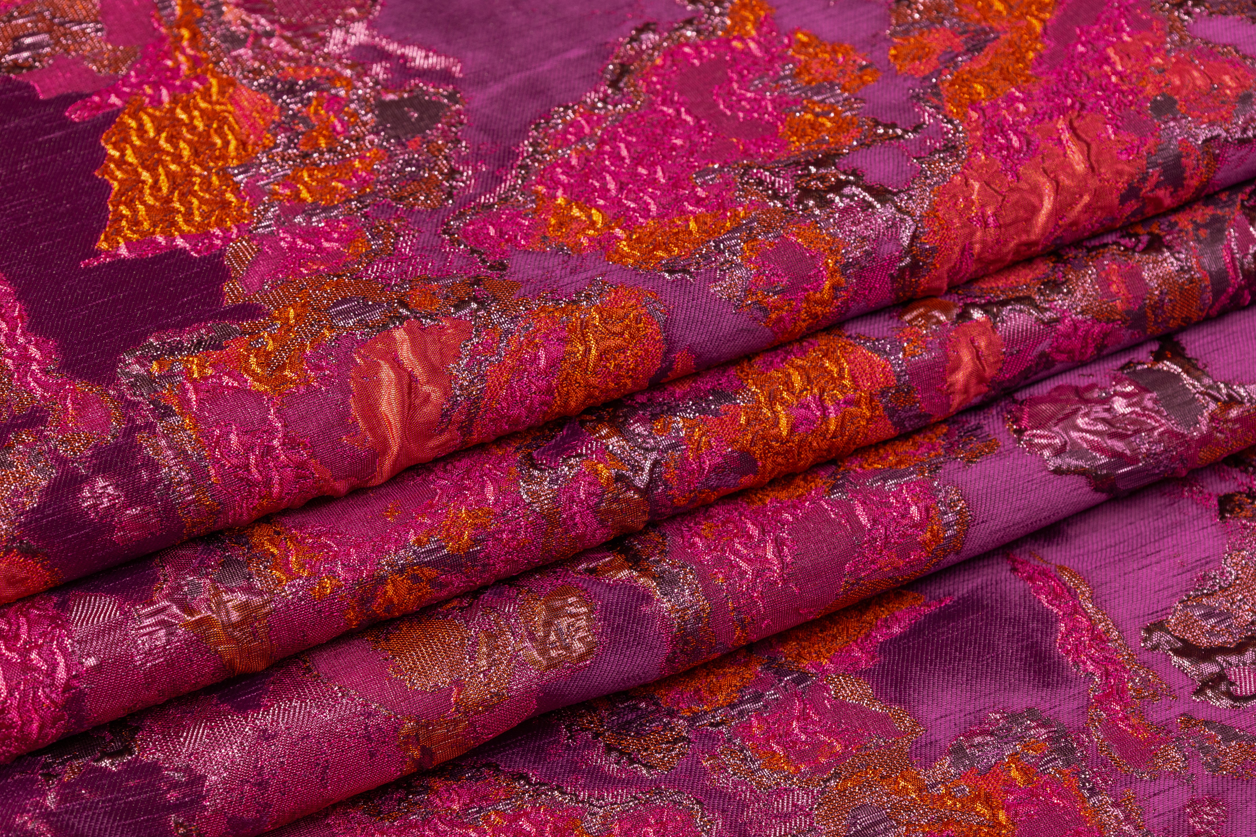 Abstract Metallic Cloqué Brocade - Fuchsia / Burnt Orange