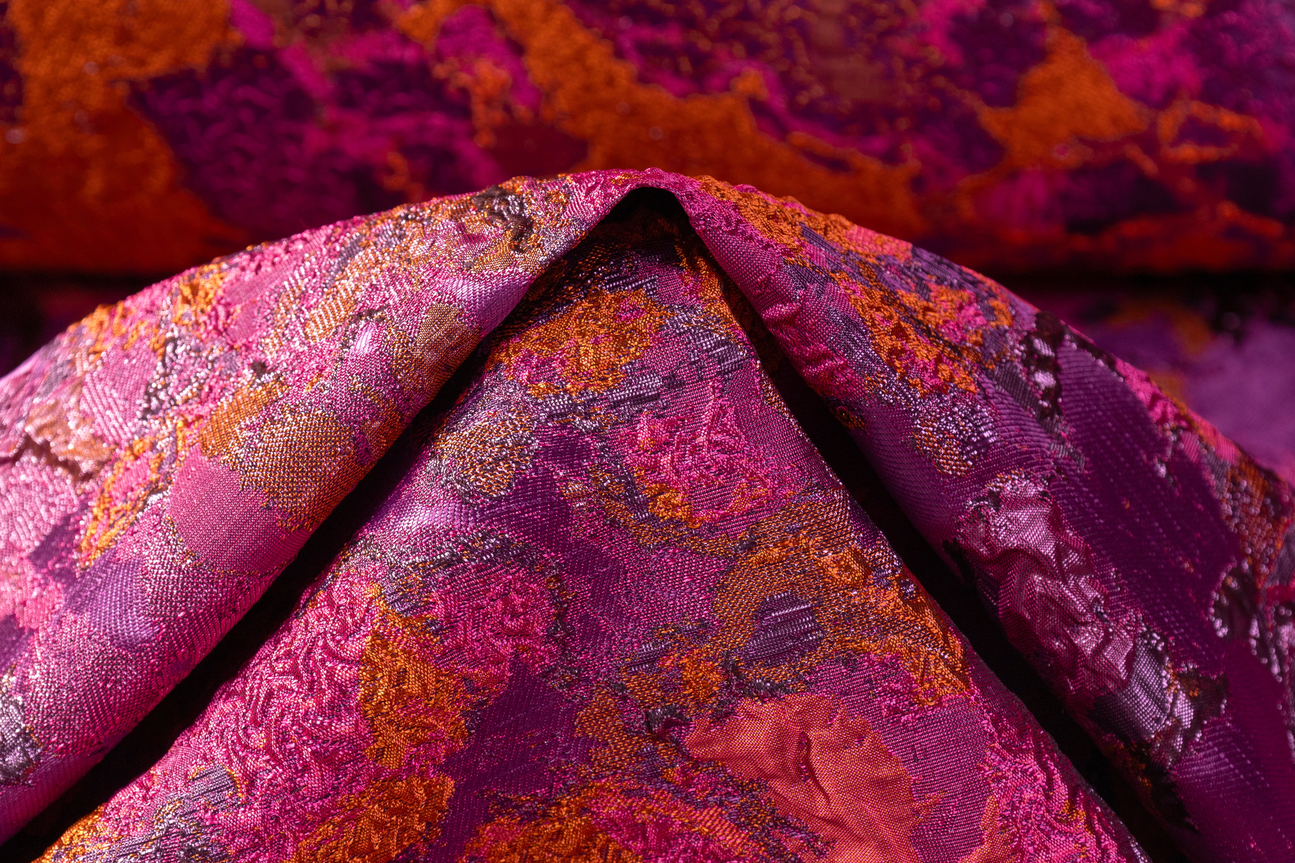 Abstract Metallic Cloqué Brocade - Fuchsia / Burnt Orange