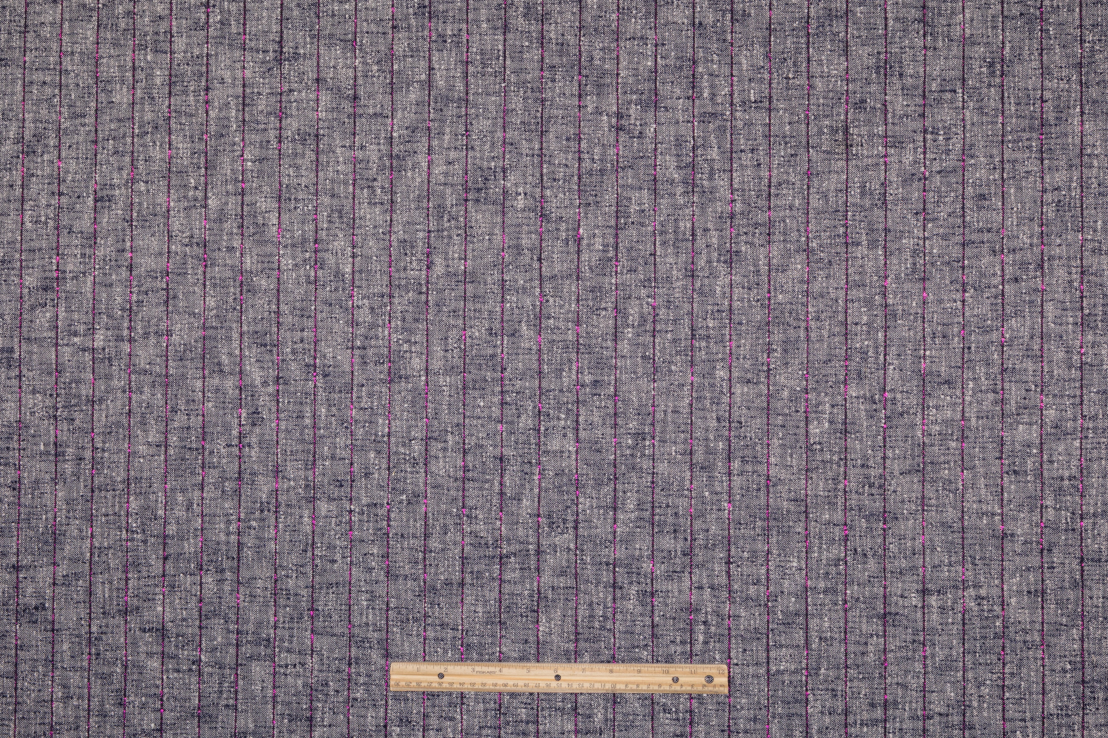 Metallic Striped Italian Wool Cotton Linen Tweed Suiting - Navy / Fuchsia