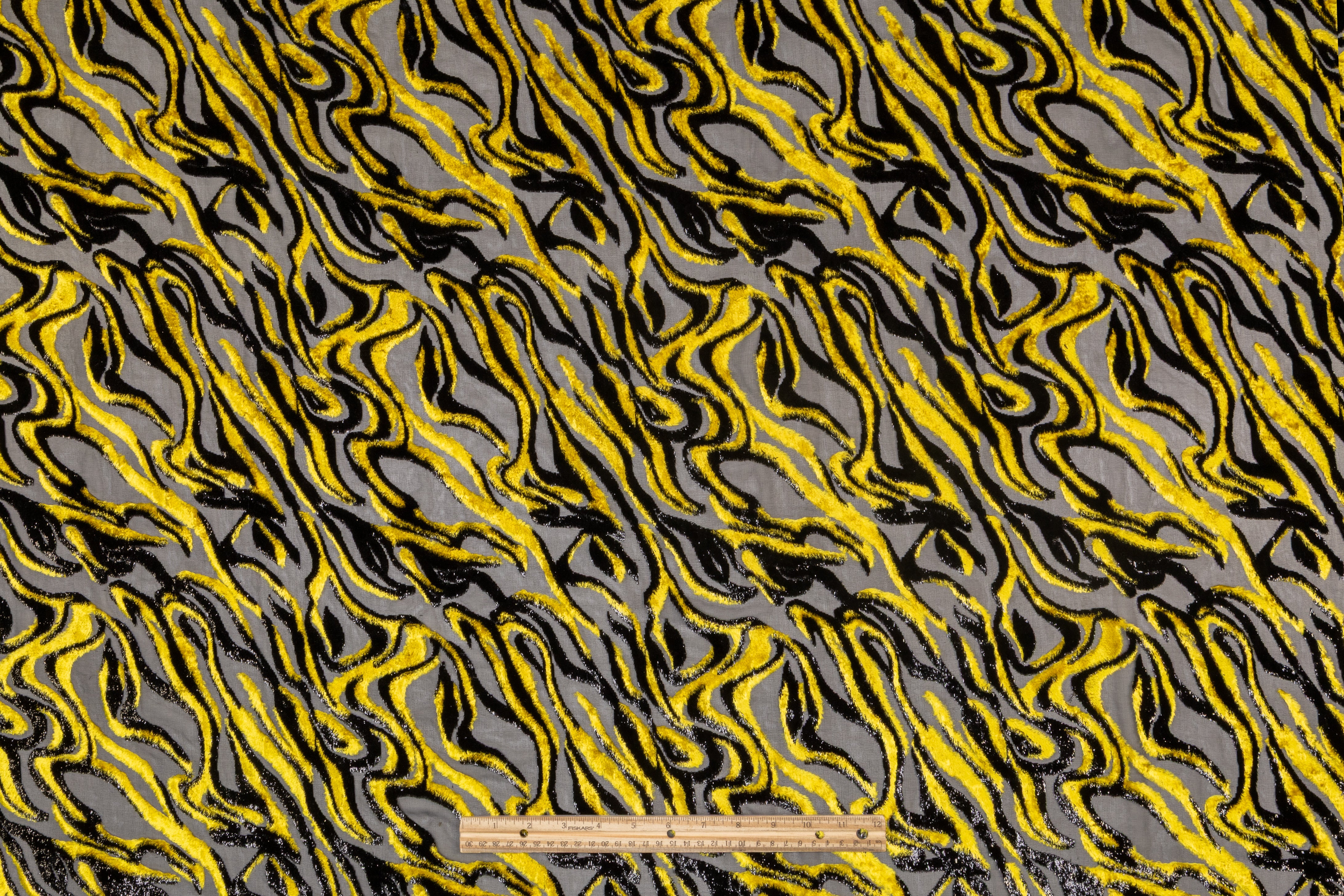 Abstract Italian Metallic Silk Viscose Velvet Fil Coupé - Black / Yellow
