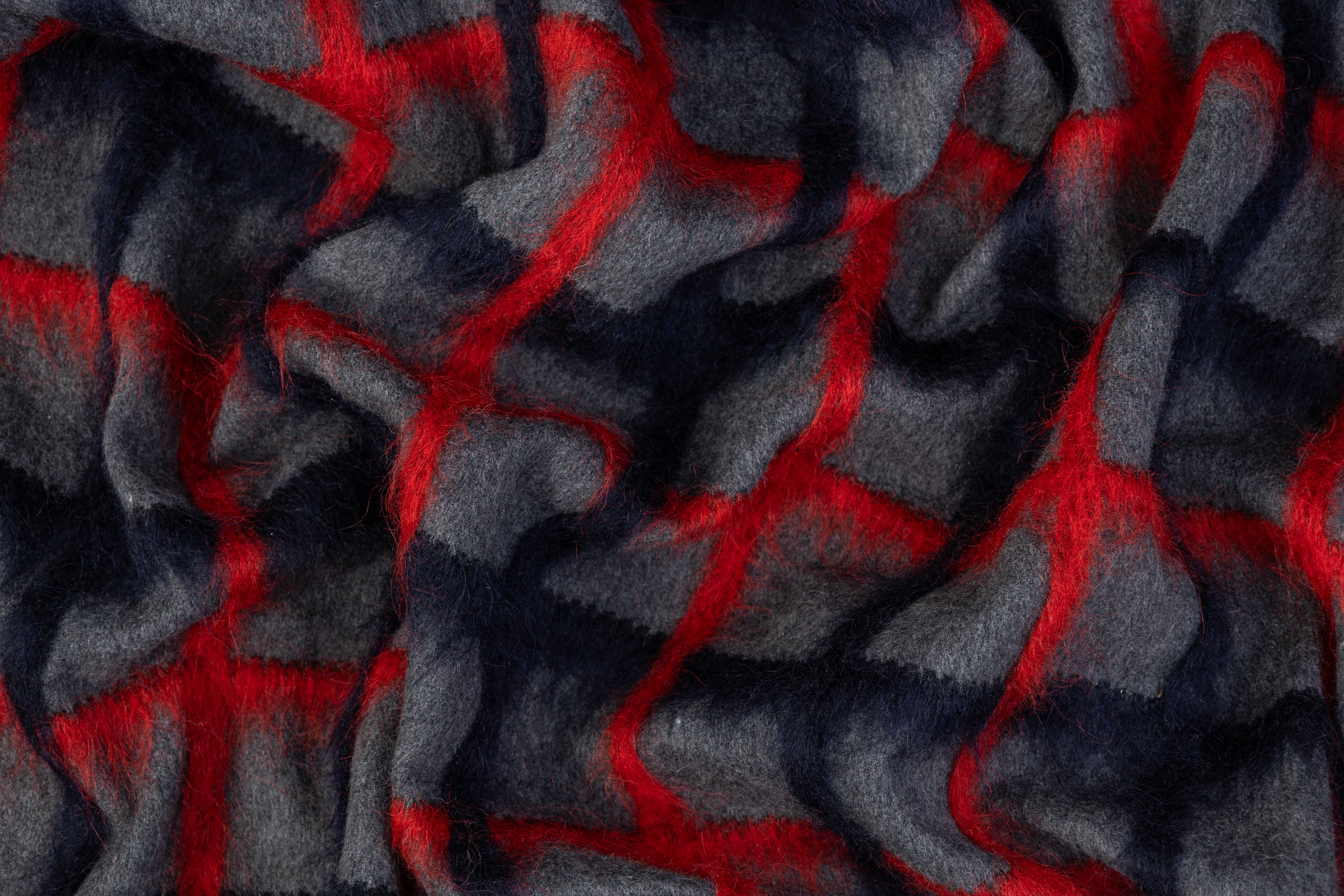 Windowpane Longhair Wool Blend Coating - Gray / Red / Navy
