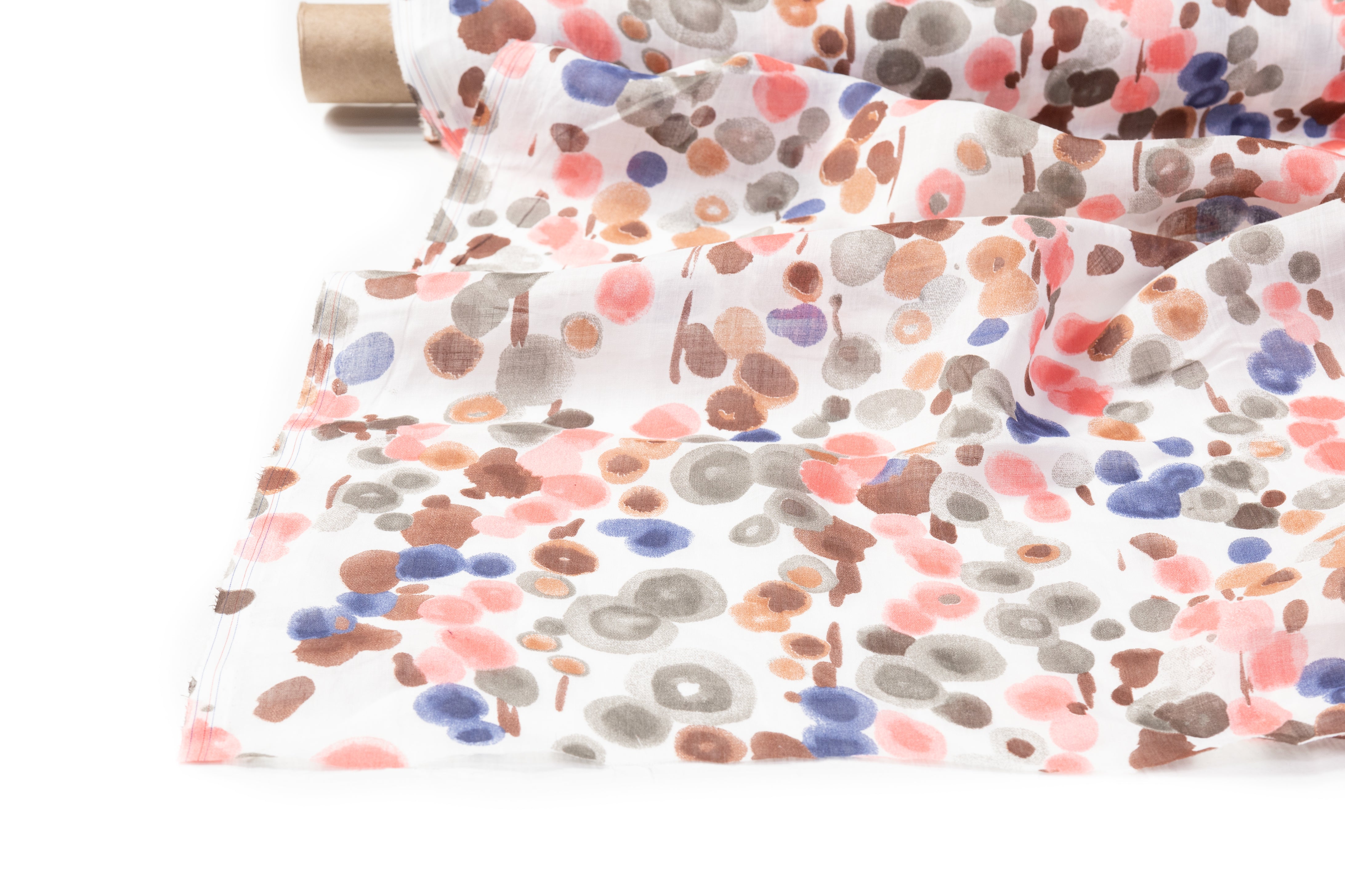 Abstract Watercolor Dot Italian Cotton Linen Blend - Brown / Coral / Blue