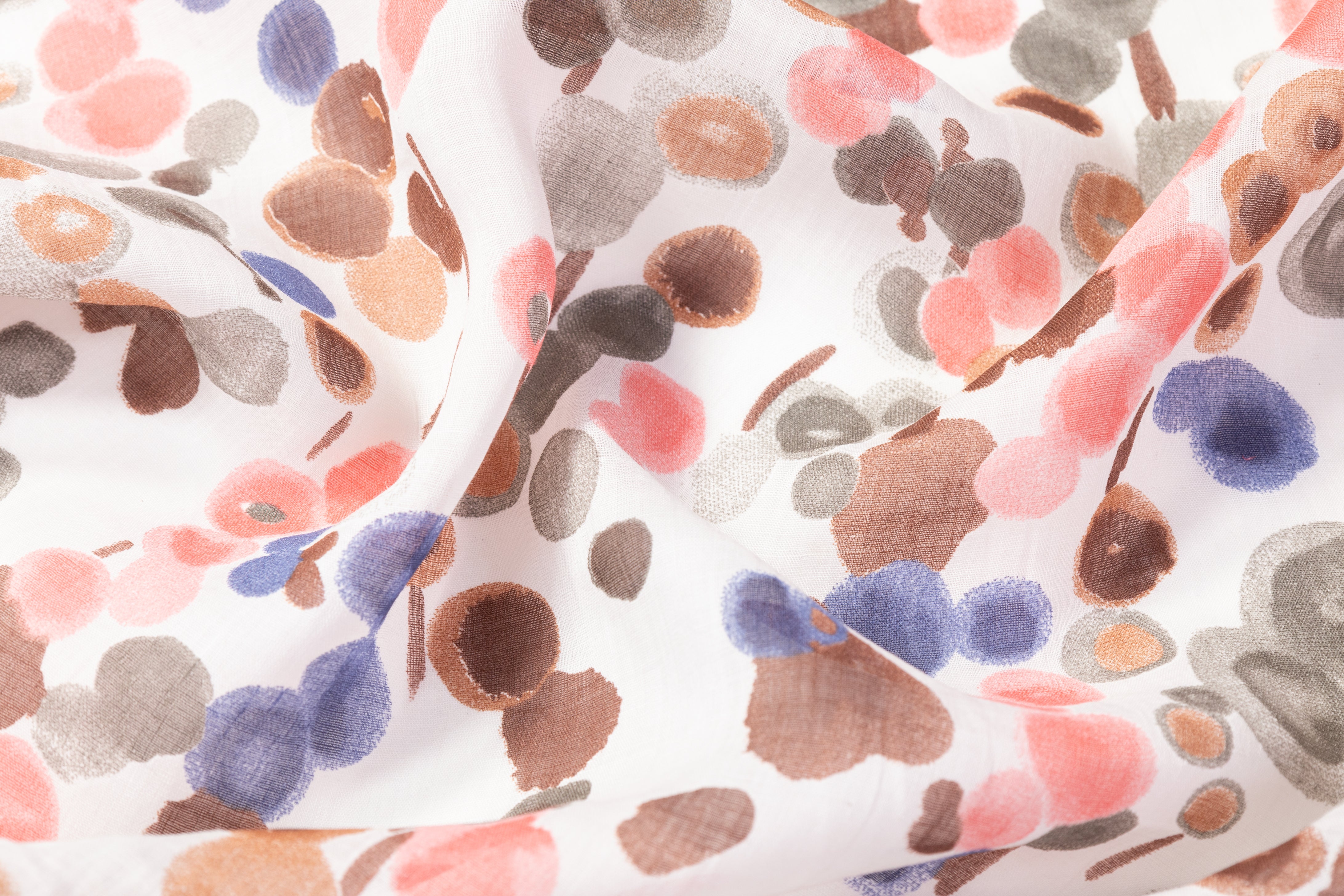 Abstract Watercolor Dot Italian Cotton Linen Blend - Brown / Coral / Blue
