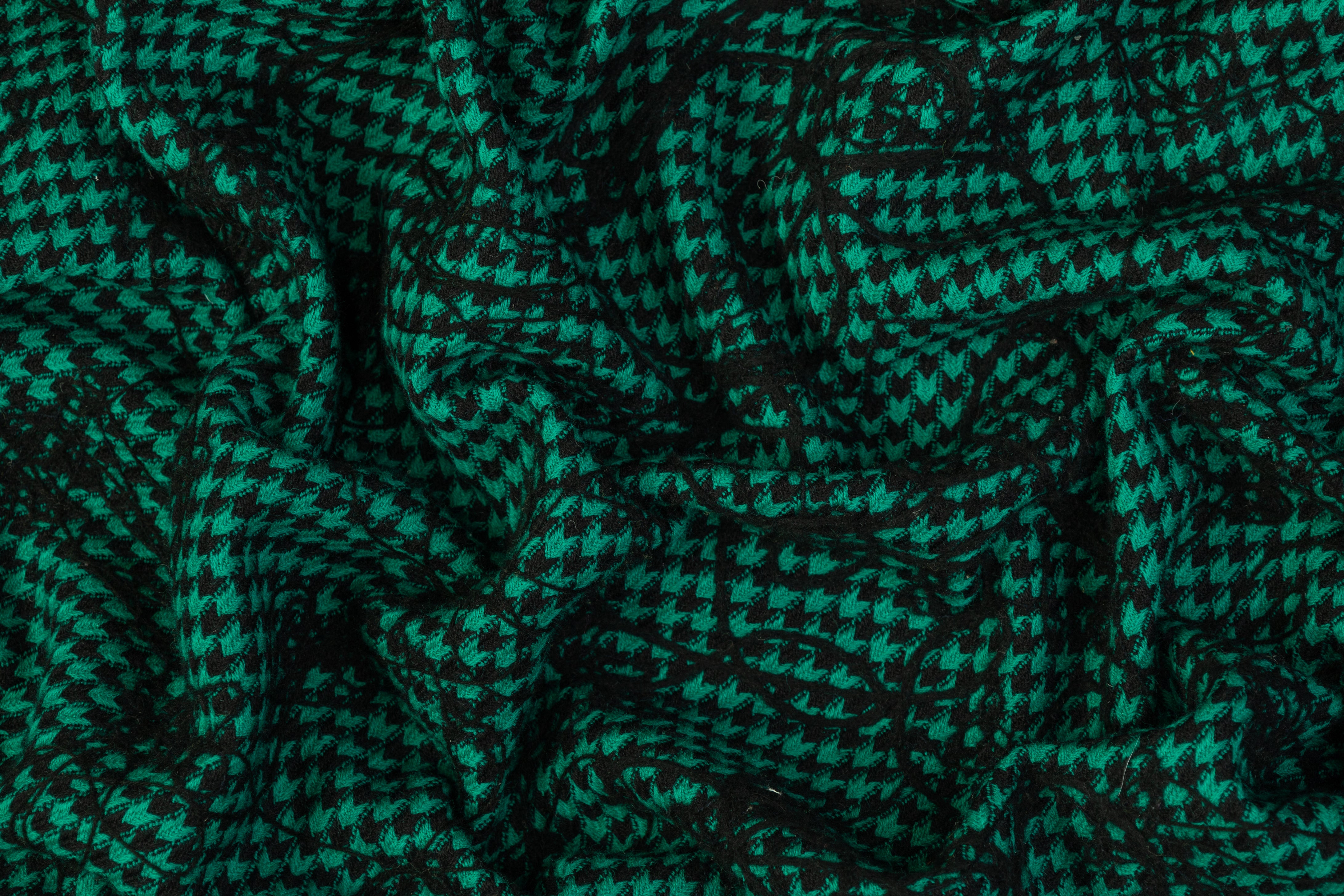 Embroidered Houndstooth Wool Coating - Green / Black