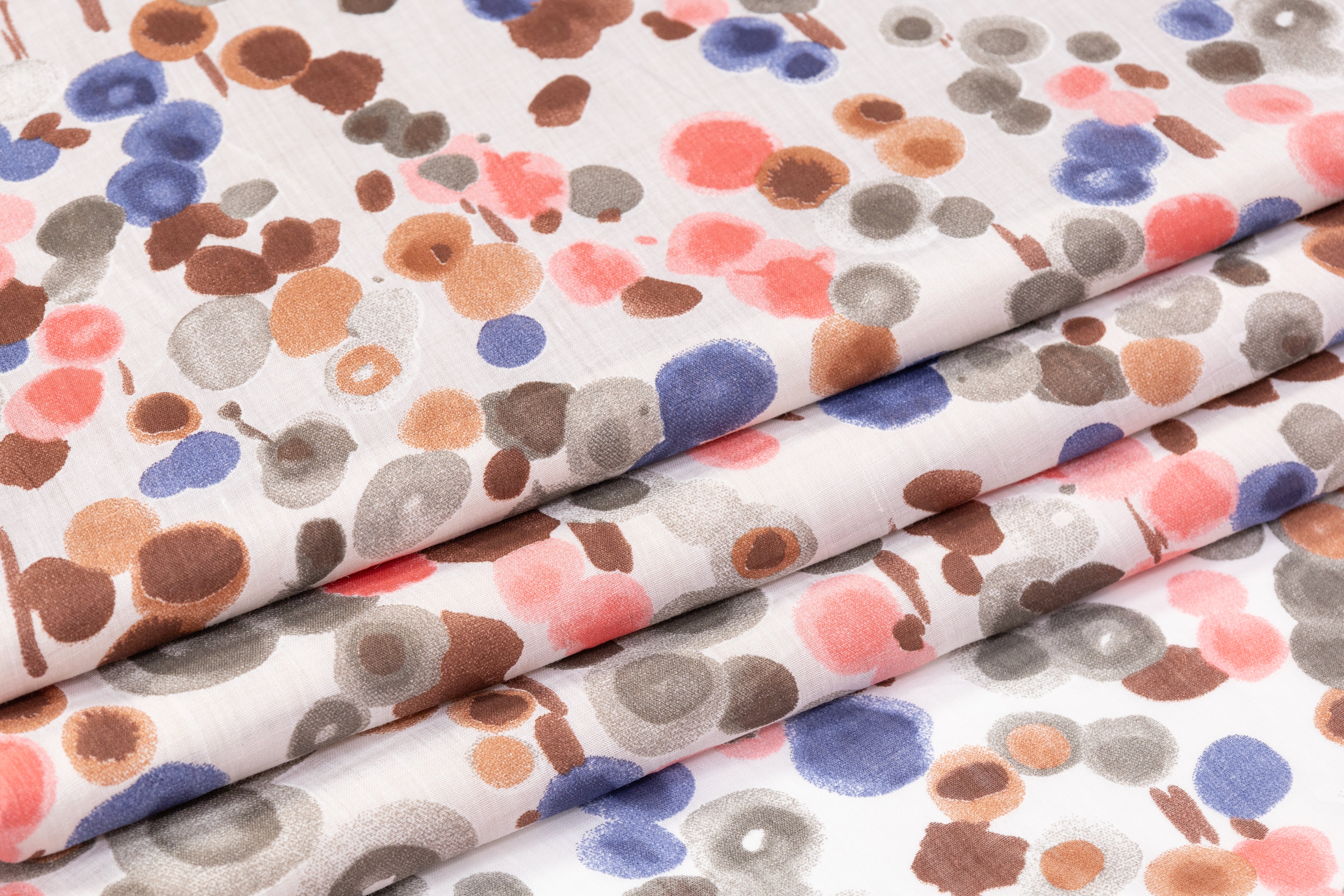 Abstract Watercolor Dot Italian Cotton Linen Blend - Brown / Coral / Blue