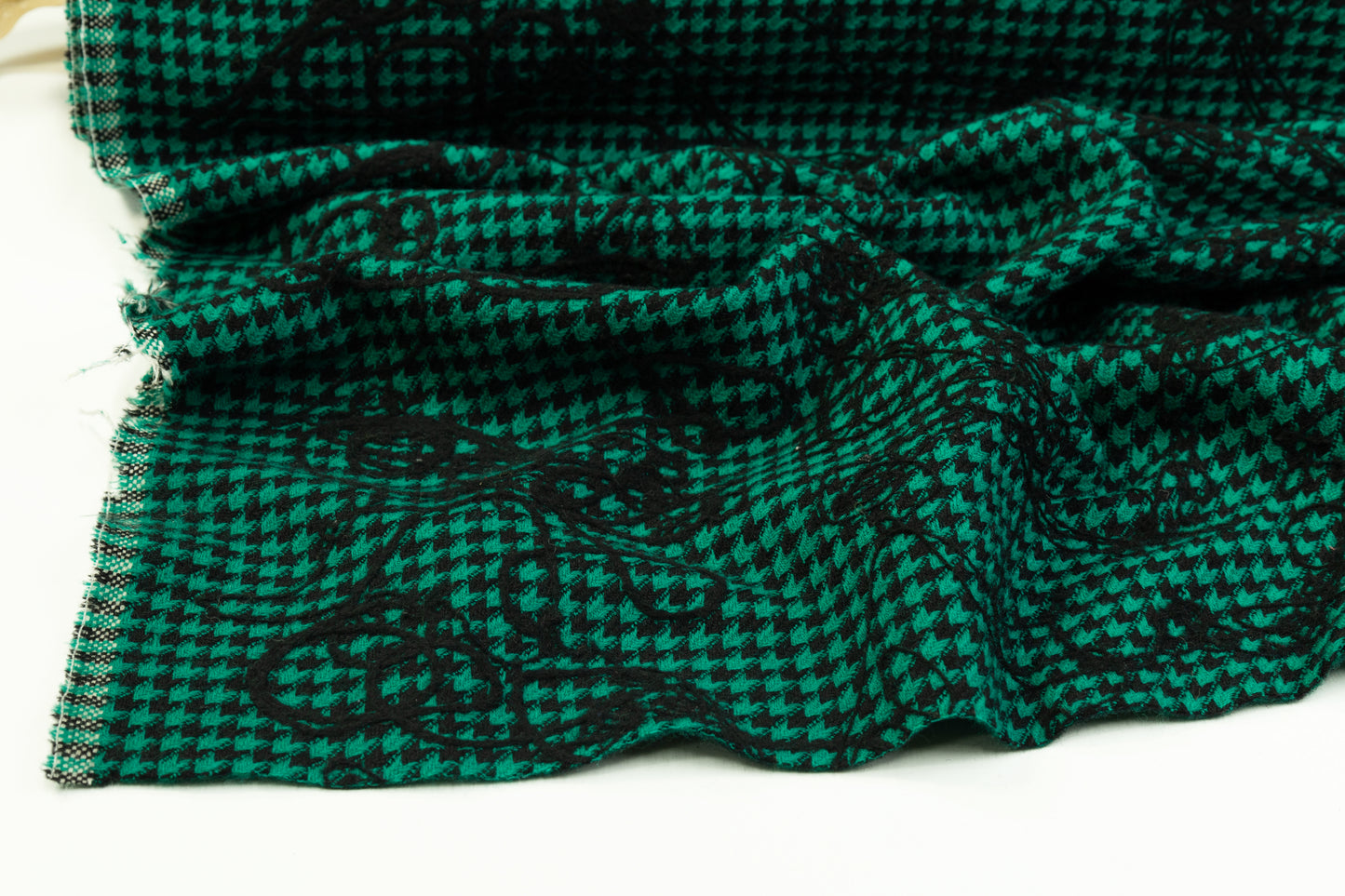 Embroidered Houndstooth Wool Coating - Green / Black