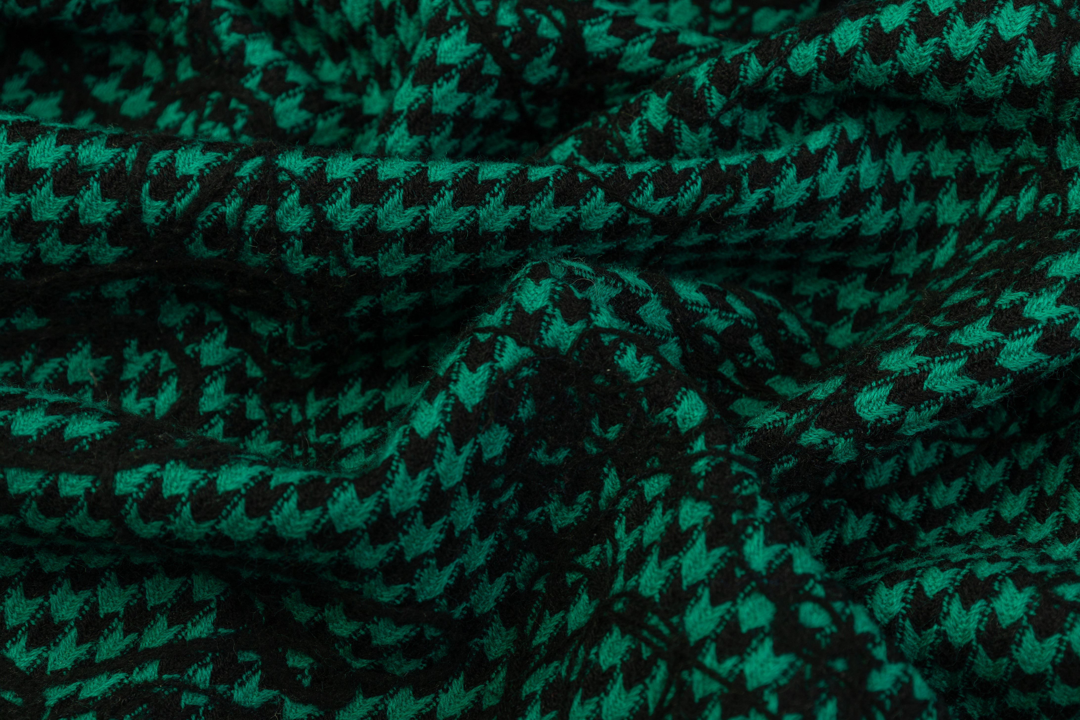 Embroidered Houndstooth Wool Coating - Green / Black