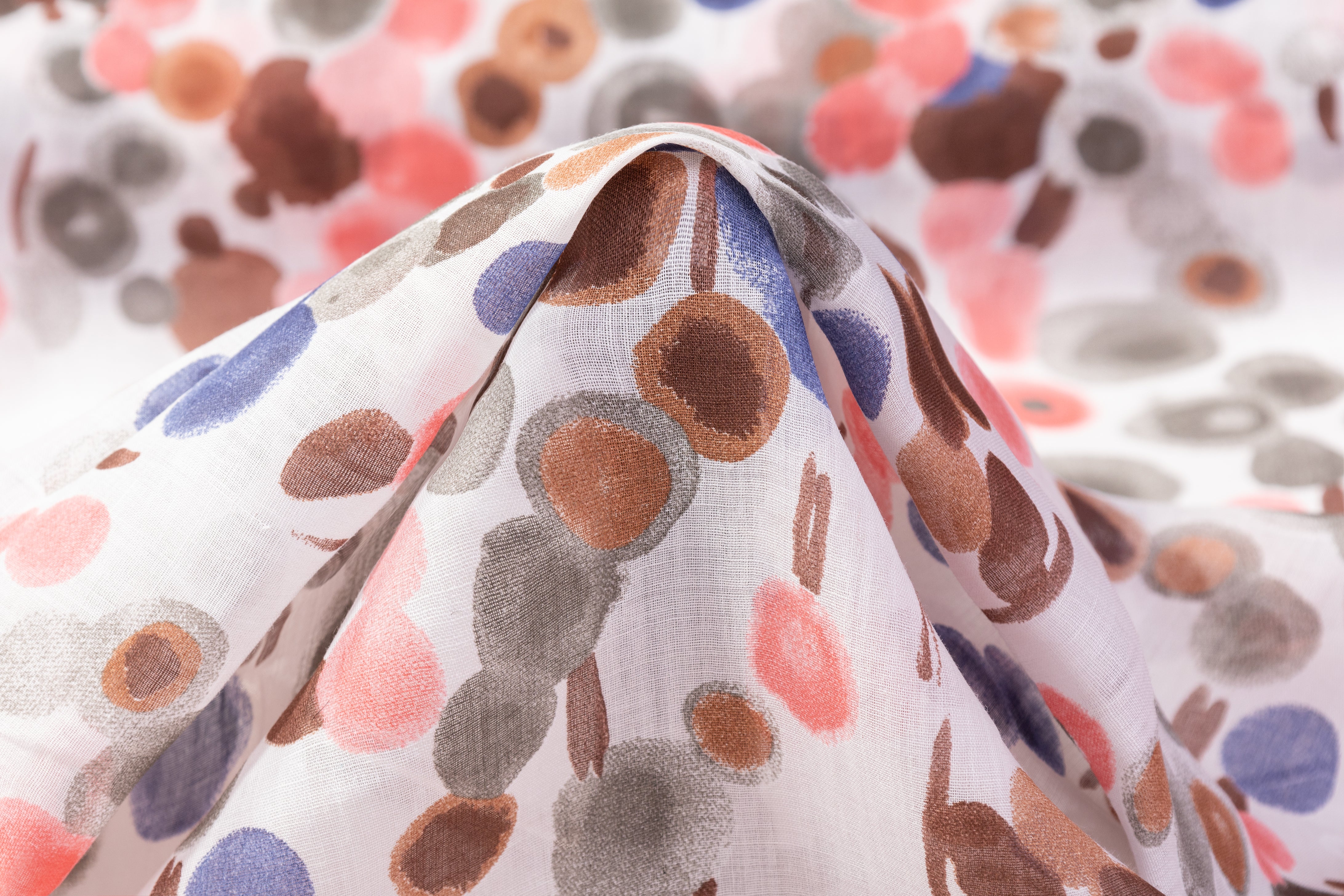 Abstract Watercolor Dot Italian Cotton Linen Blend - Brown / Coral / Blue