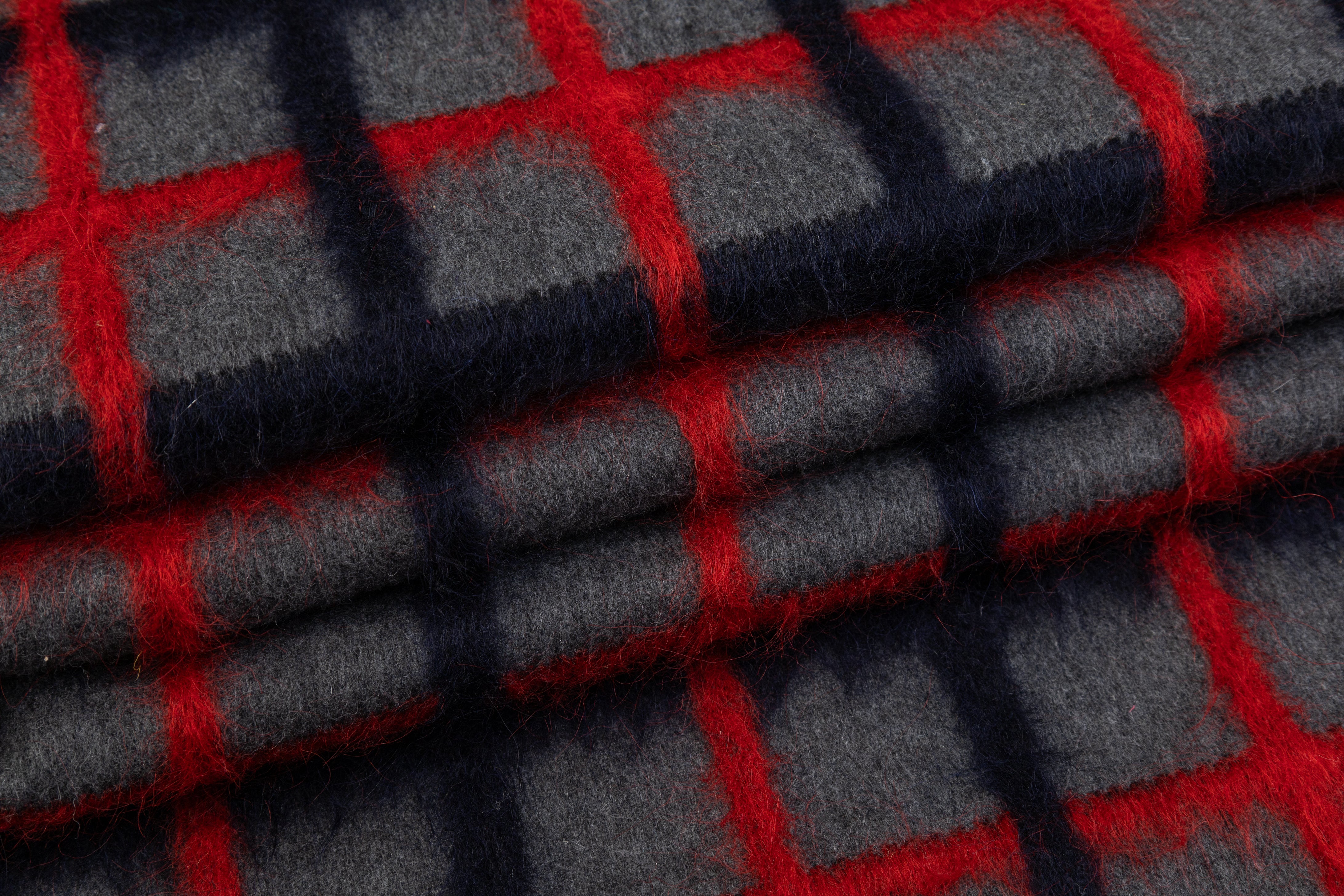 Windowpane Longhair Wool Blend Coating - Gray / Red / Navy