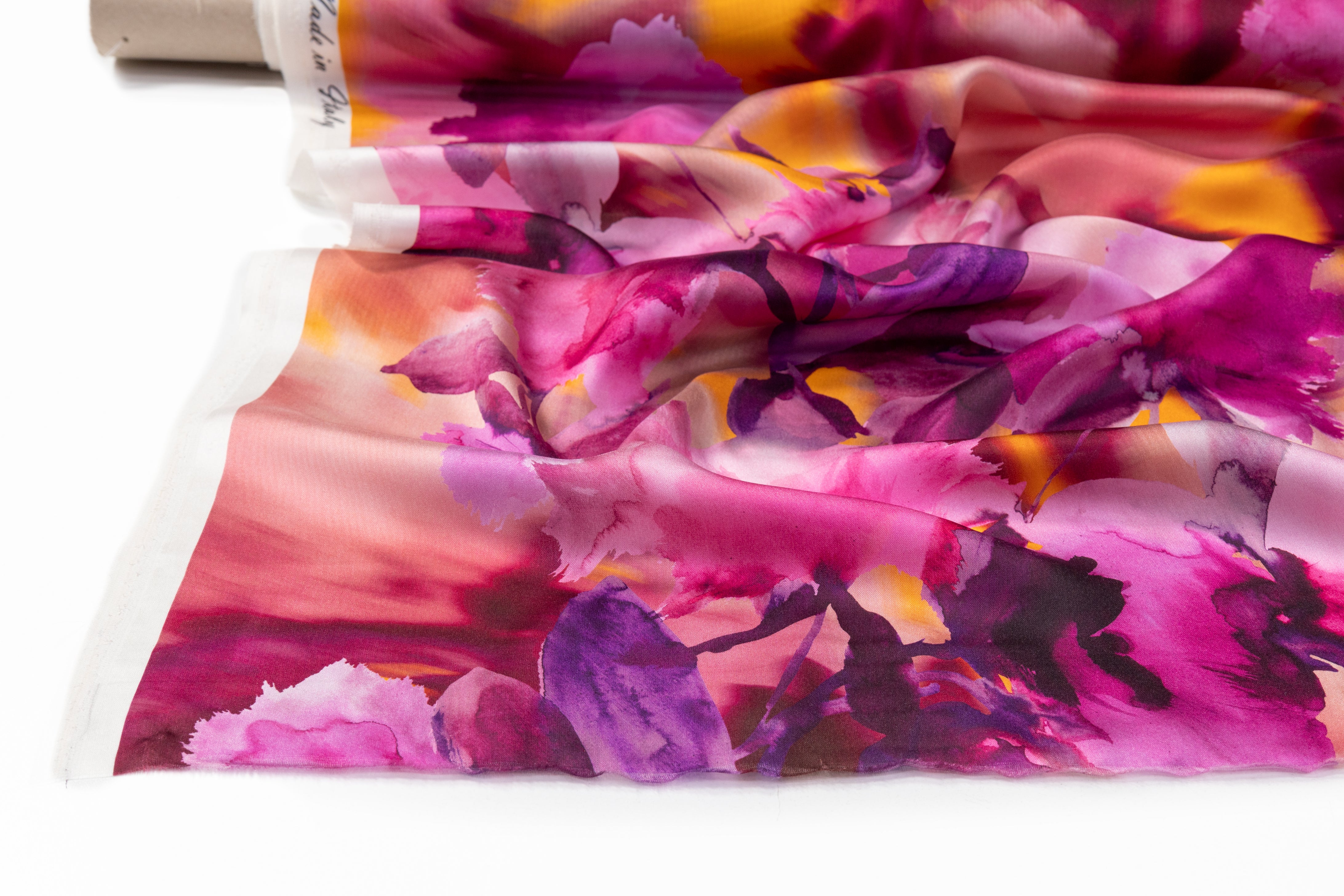 Floral Italian Satin Face Silk Georgette - Fuchsia / Orange