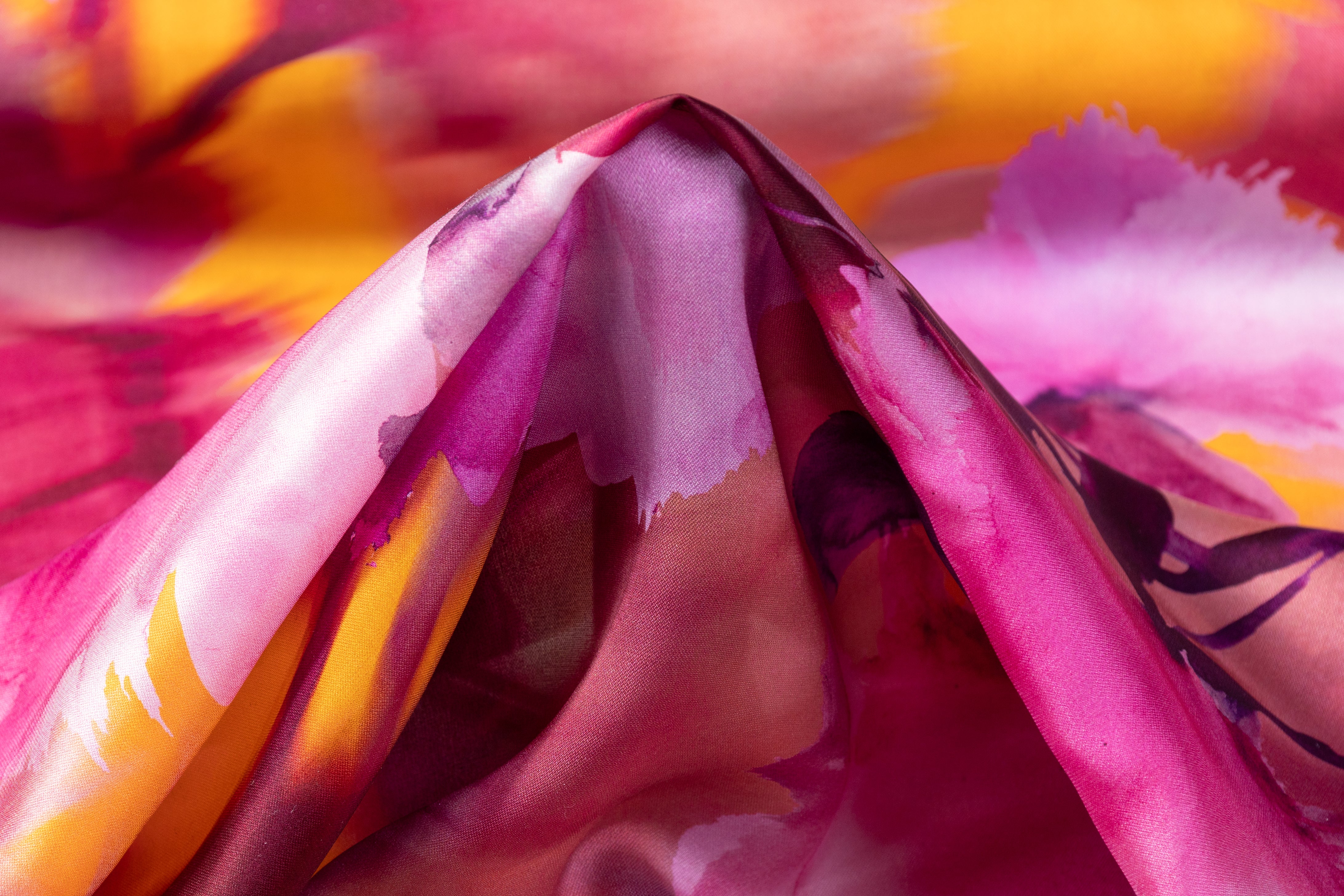 Floral Italian Satin Face Silk Georgette - Fuchsia / Orange