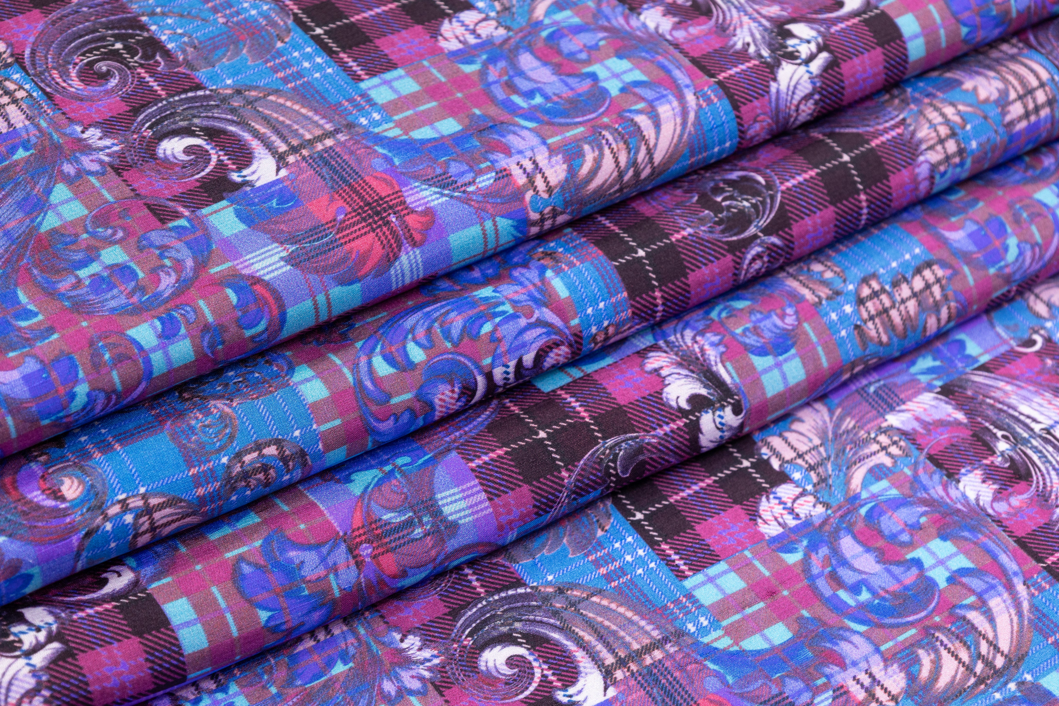 Baroque Plaid Italian Silk Crepe de Chine - Blue / Purple